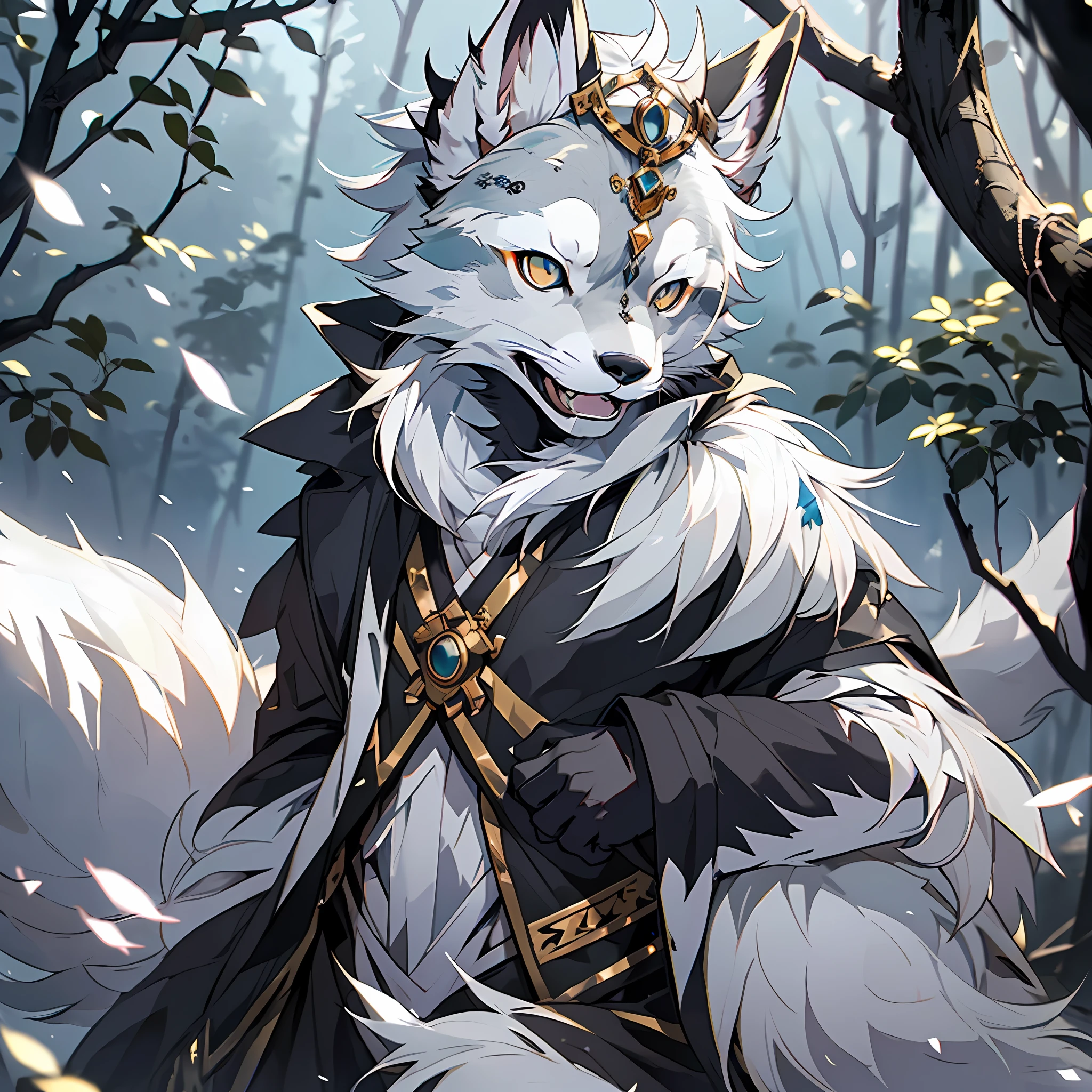 high-re,hyperquality,high resolucion,1080p,(((独奏))),Orc symbaroum,arctic fox,Male:1.5,Gray fur:1.3,grey skin,grey ears,Golden eyes,Sharp claws,(Fluffy tail:1.2),Sorcerer's robe,((magestic)),sophisticated background