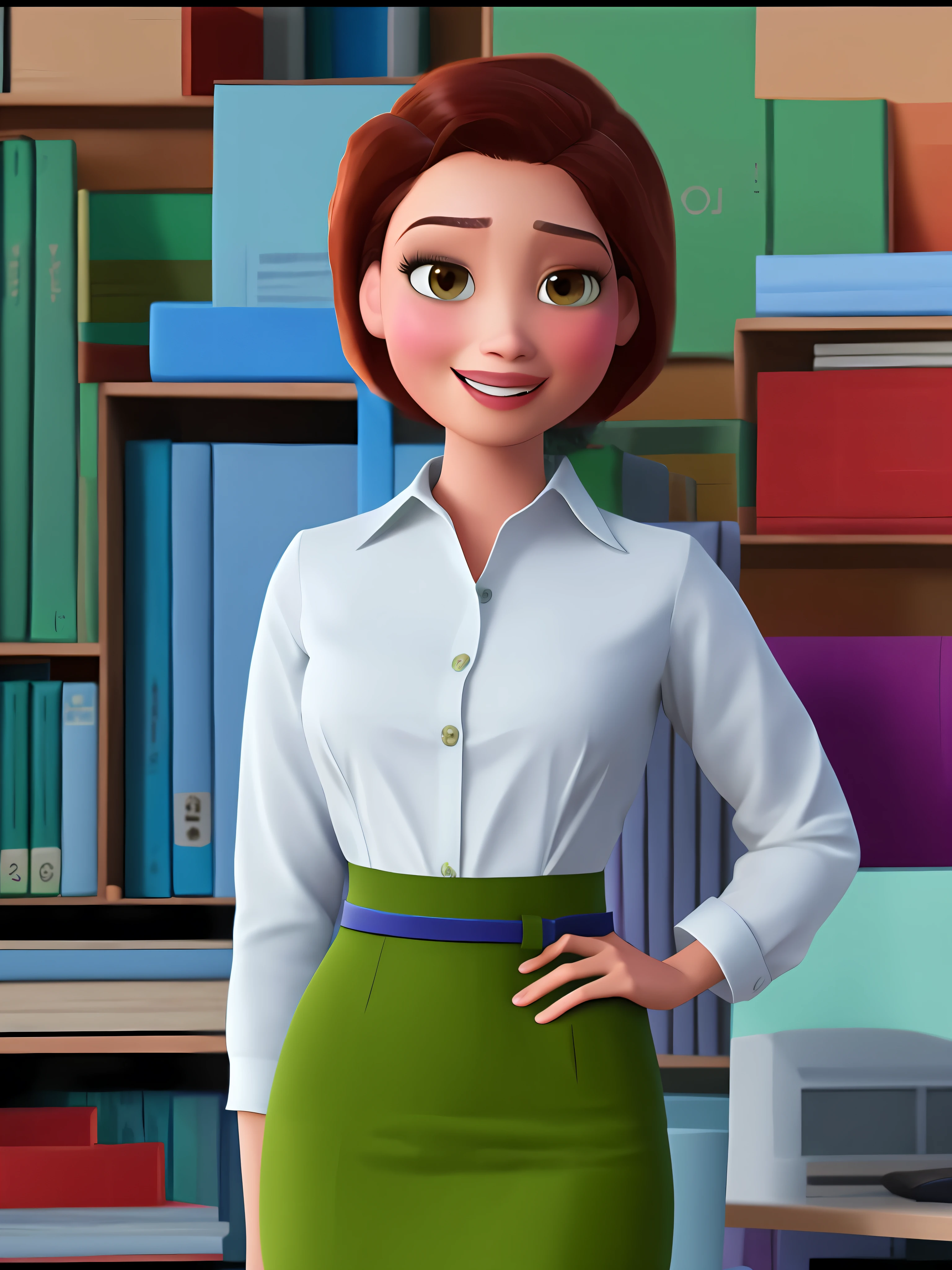 Pixarstyle a waist-high portrait of a young woman in an office shirt, sorriso, s office, textura natural da pele, texturas 4k, hdr, intrincado, altamente detalhado, sharp fokus, cinematic visual, hiperdetalhado.8k,nitido