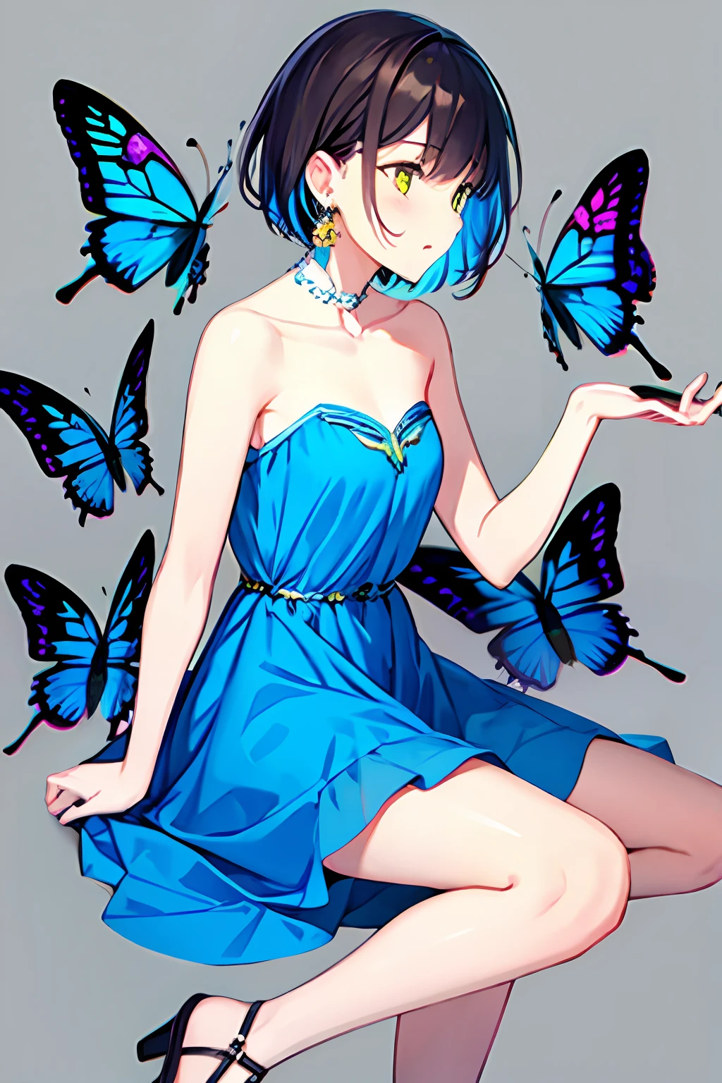 1girl, bangs, bare_arms, bare_shoulders, blue_butterfly, blue_dress, bug, butterfly, butterfly_on_hand, butterfly_wings, collarbone, dress, earrings, grey_background, jewelry, looking_away, multicolored_hair, profile, short_hair, solo, strapless, strapless_dress, wings, yellow_butterfly