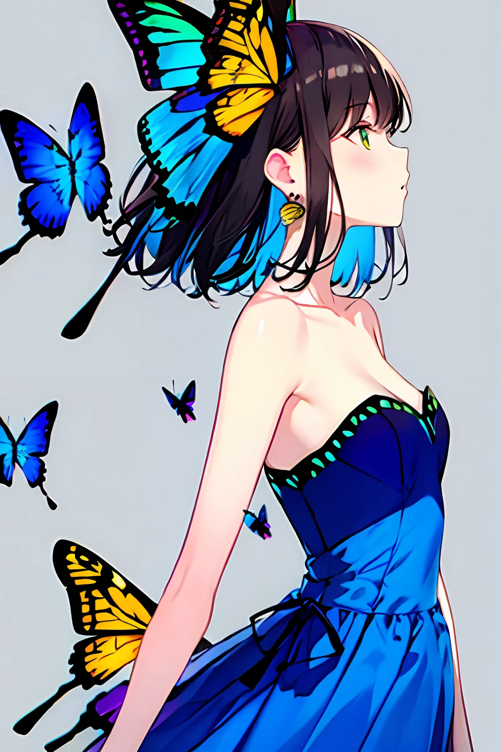 1girl, bangs, bare_arms, bare_shoulders, blue_butterfly, blue_dress, bug, butterfly, butterfly_on_hand, butterfly_wings, collarbone, dress, earrings, grey_background, jewelry, looking_away, multicolored_hair, profile, short_hair, solo, strapless, strapless_dress, wings, yellow_butterfly