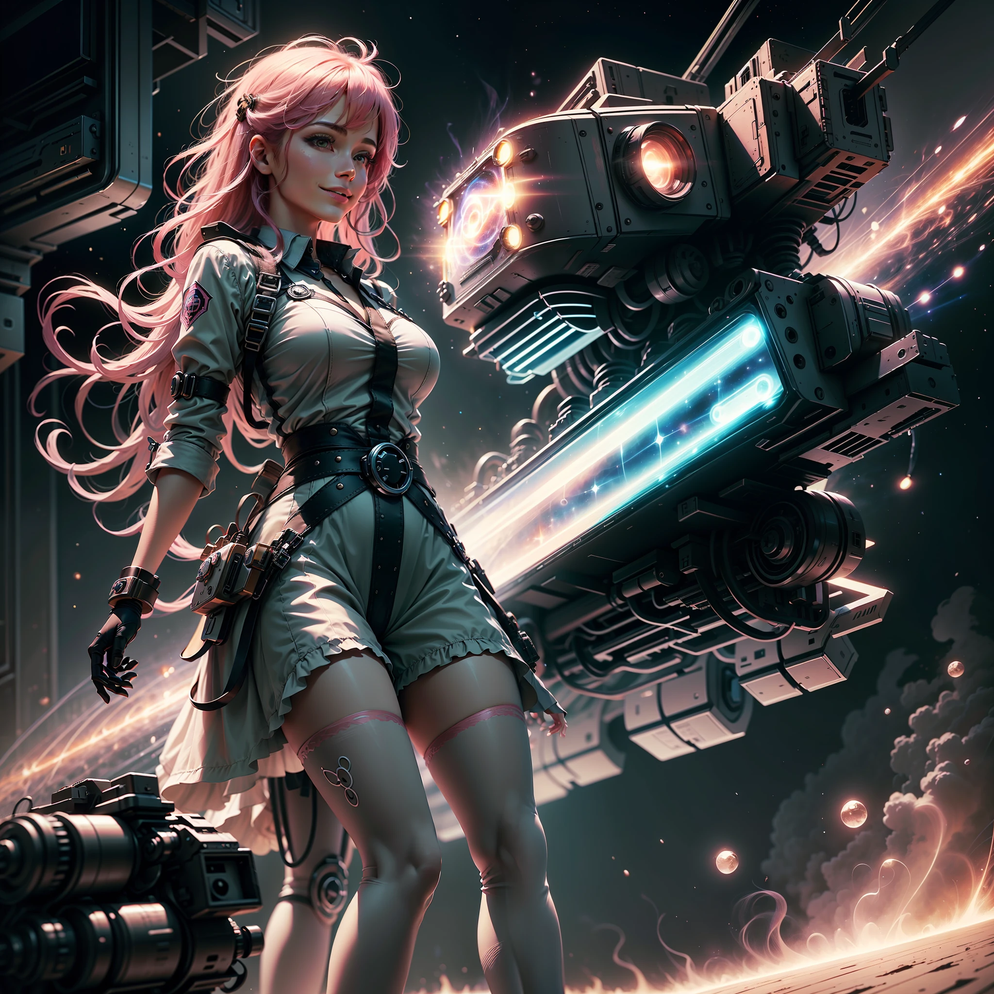 best quality,pink hair,  masterpiece, (photorealistic:1.4), 1girl, light smile, shirt with collars, waist up, dramatic lighting, from below.,space elevator,White Pantyhose,shidudou,laser,moyou,yuzu,high heel,1 girl,machinery,, Mecha, --auto