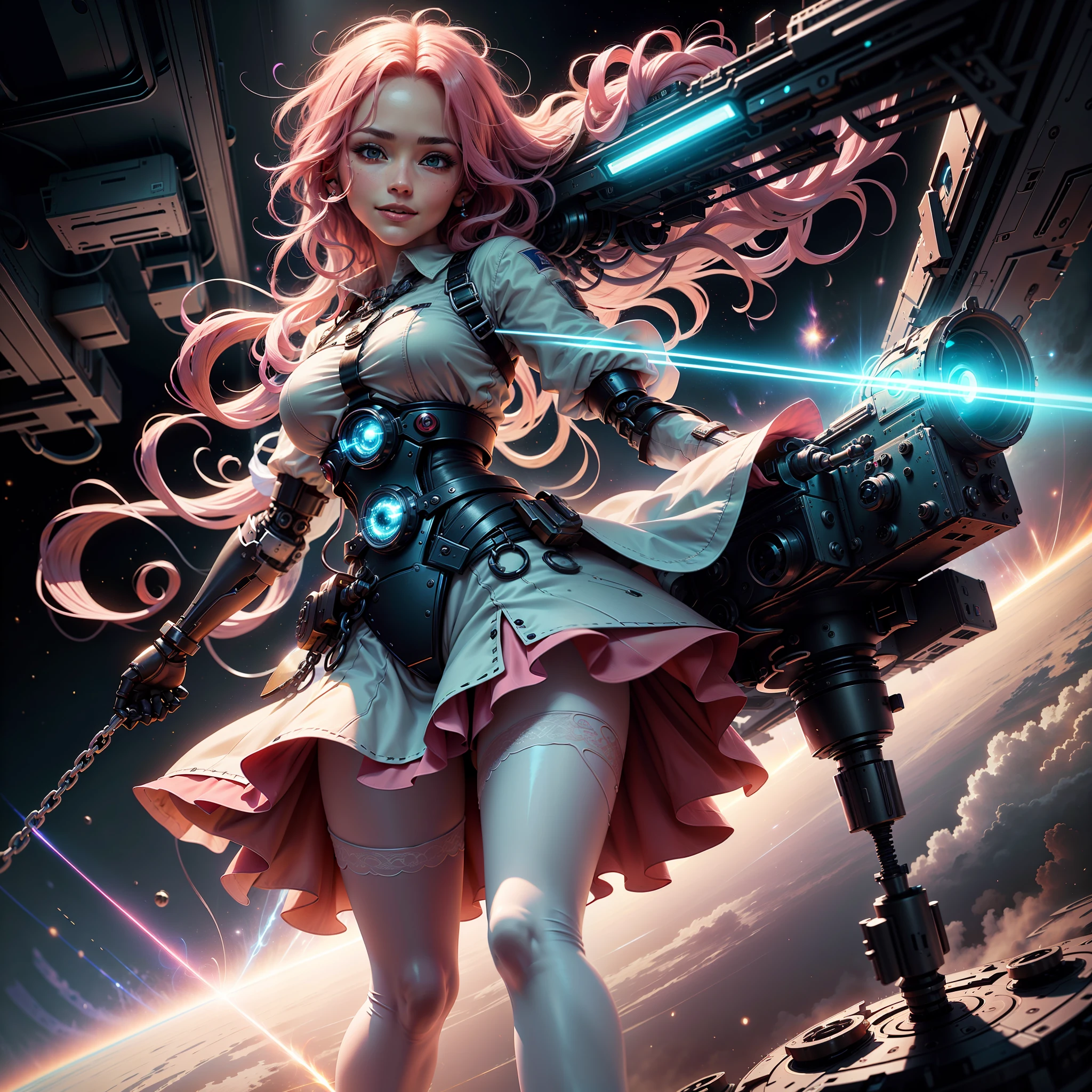 best quality,pink hair,  masterpiece, (photorealistic:1.4), 1girl, light smile, shirt with collars, waist up, dramatic lighting, from below.,space elevator,White Pantyhose,shidudou,laser,moyou,yuzu,high heel,1 girl,machinery,, Mecha, --auto