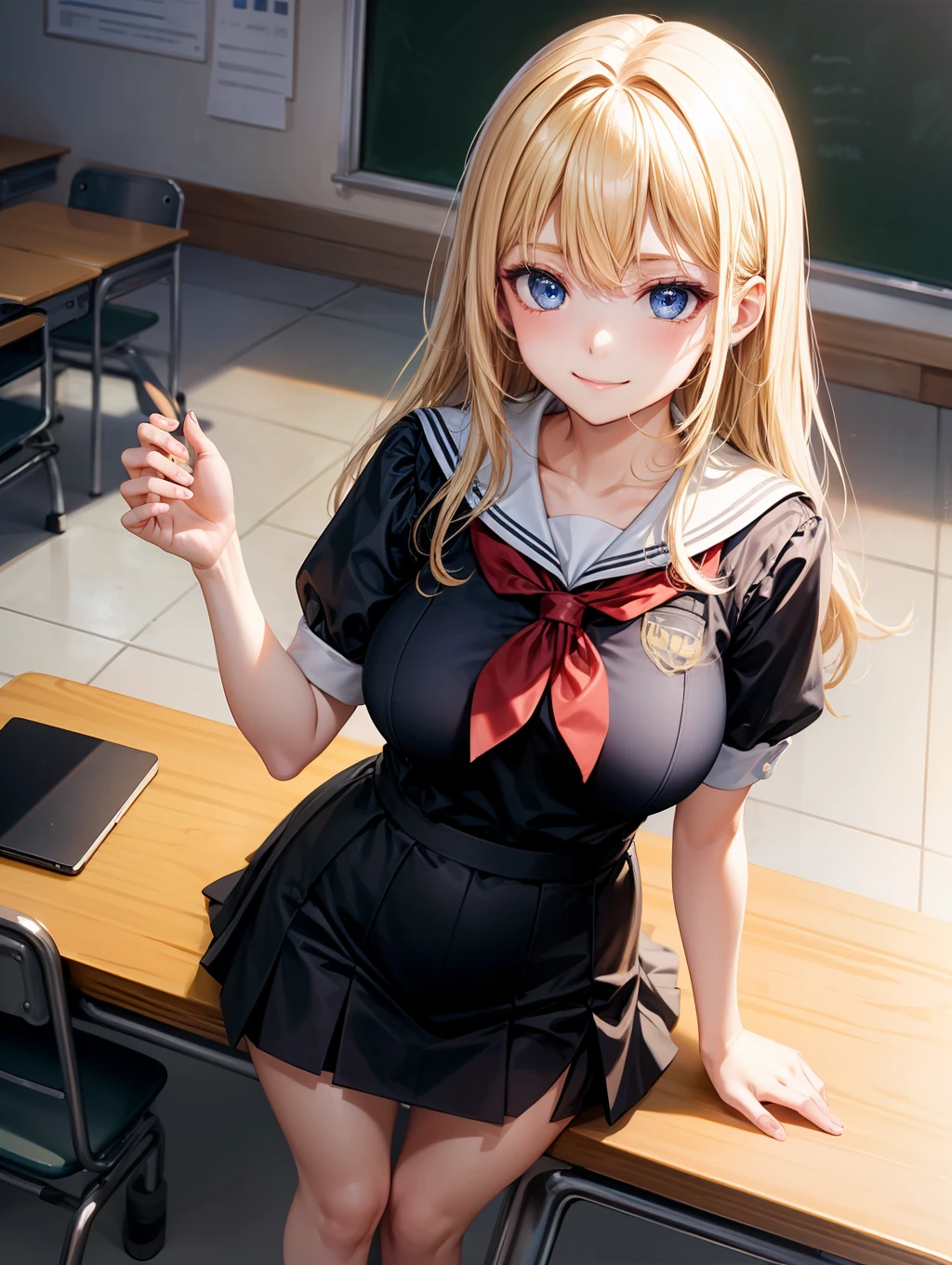 最好质量、One girl、Black cheergirl outfit:1.6、a blond、Longhaire、Inner curl、Blue eyes、eyes glowing、Small face、a smile、big tit:1.3、Constriction、Holding a pom-pom in both hands:1.7、mini-skirts、beauty legs、thights:1.2、Standing:1.4、View here、Angle from diagonally above、After-school classroom、gloomy lighting、No people、Background blur