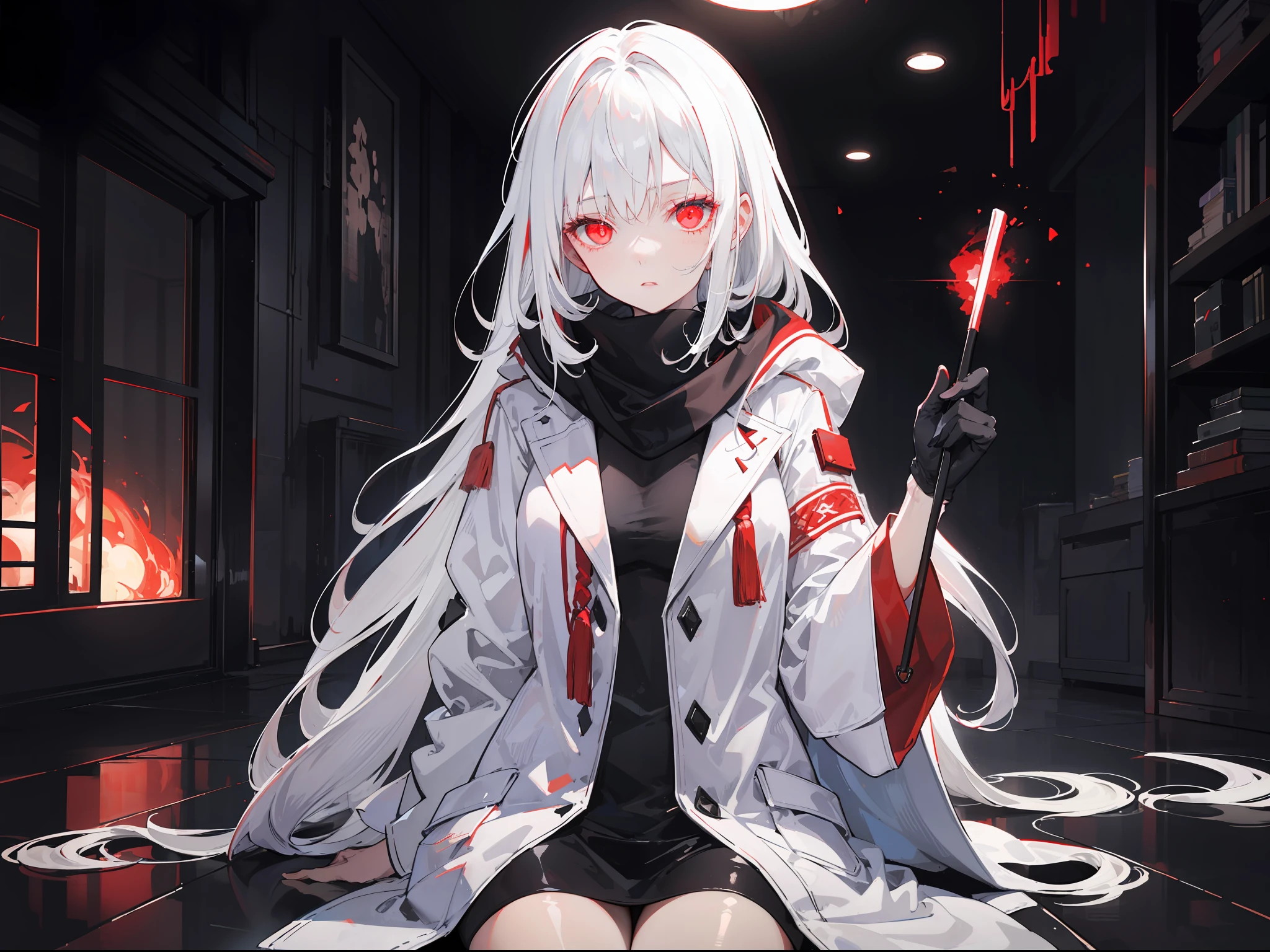 "Epic dark atmosphere, stunning 4k artwork featuring a mature woman with confident long  white hair and wear white syal, she wear white dirty coat, and sit on floor, she also have red glowing eyes"