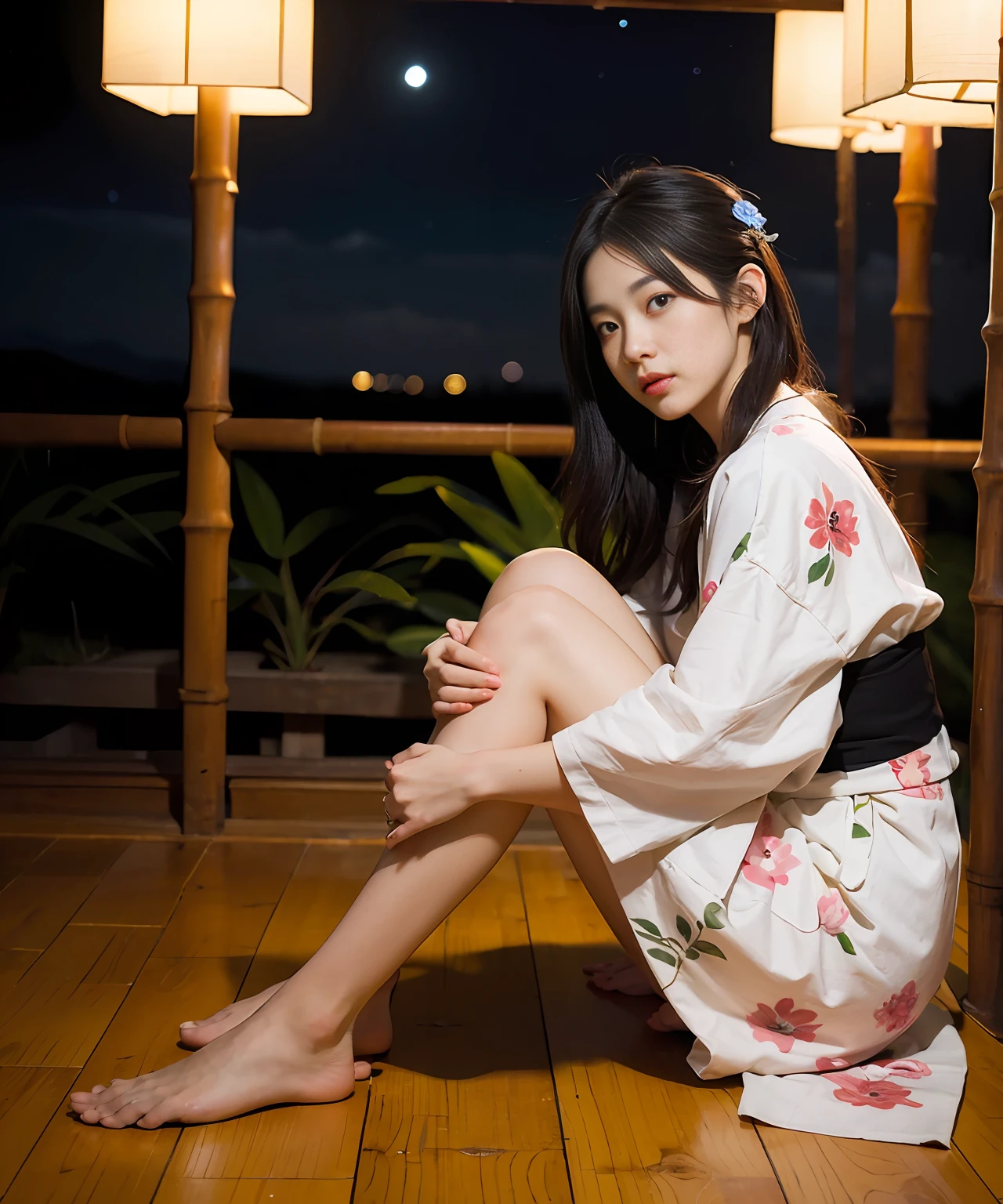 masterpaintings,HighestQuali,realisticlying,((Tanabata:1.8))),((Star Festival:1.5)),(Orihime wears a yukata,Wait for her,She has long black hair and a large star-shaped hair ornament,Look sideways at the audience,Facial expression loneliness)))),((((Milky Way star in dark night sky)),20 yrs old,body complet,realisticlying,((Leaning on bamboo)), small thighs,A barefoot