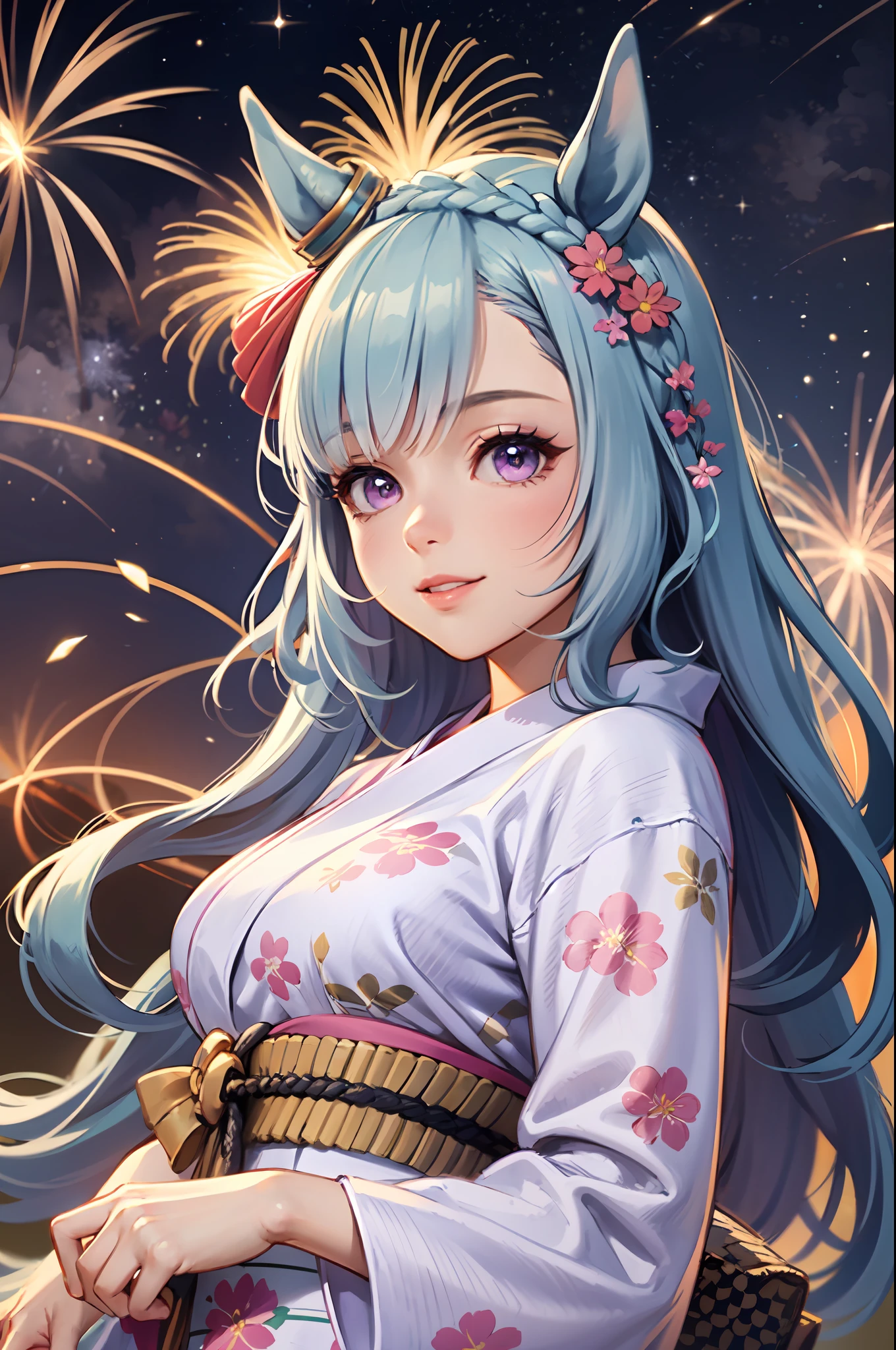 best quality,masterpiece, high res, beautiful detailed eyes,ultra-detailed, mejiro ardan \(umamusume\), ear ornament,horse ears, horse tail, bewitching poses, (pink floral yukata, geta), gentle smile, fireworks in the night sky, fireworks on the background, low angle from below