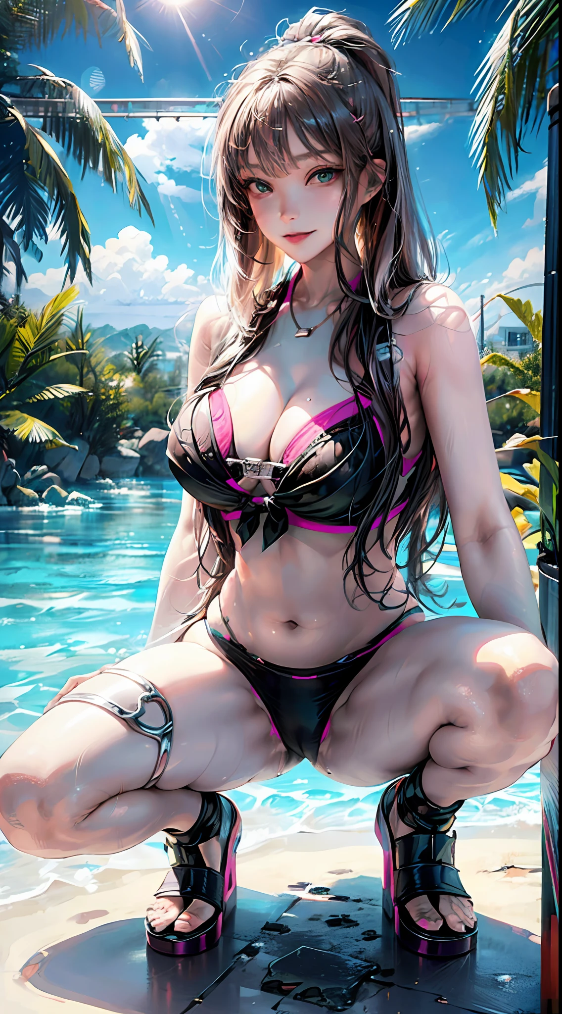 (8k), ultra-realistic, high detail, ((full body woman in bikini squatting down)), smiling woman, brunette goddess, sexy delicate lace bikini, angela white, sexy girl, brunette hair, sexy bikini, stunning views, tease, very sexy, sexy and attractive, sexy look, gorgeous brunette hair, big, very sexy costumes that stand out in a bikini