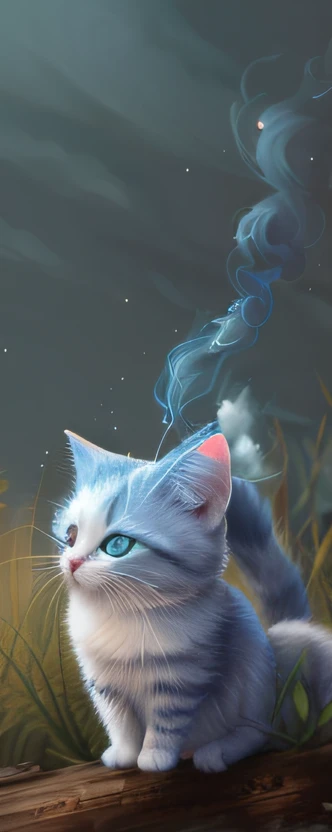 Draw a cat sitting on a log，Smoke comes out of the mouth, cute digital painting, furry fantasy art, warrior cats fan art, cat. Digital painting, Realistic fantasy illustration, Cute detailed digital art, Inspired by WLOP, Smudge, concept-art. Smoke, by Cynthia Sheppard, rob rey, moebius + loish + Phlegm sputum, phlegm, concept art illustration