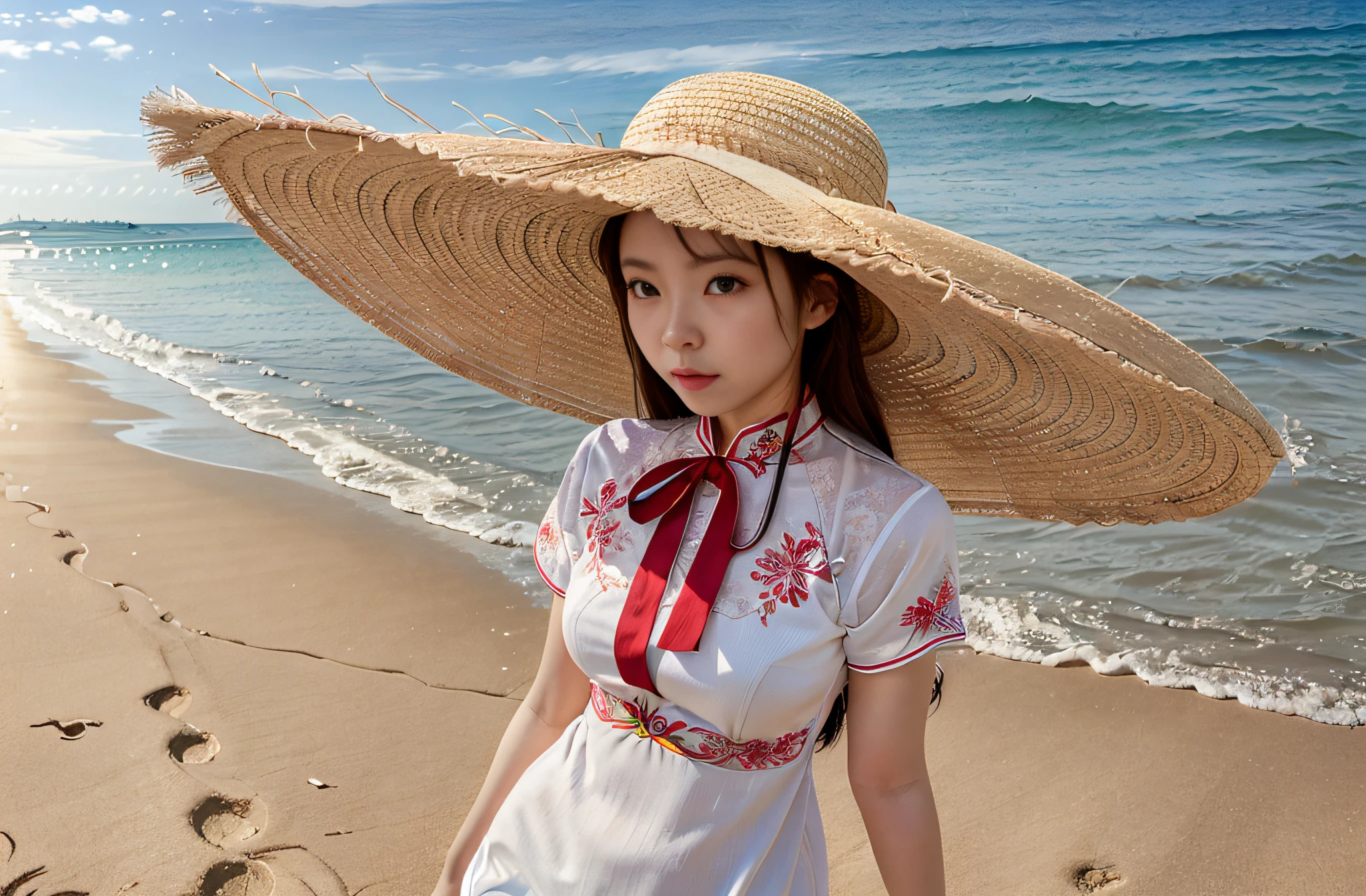 (Best Quality, Maste Piece:1.2),superdetailed, ultimate_Beautiful_girl,cheongsam, chiho, with straw hat, Chiho Aoshima, standing at the beach,