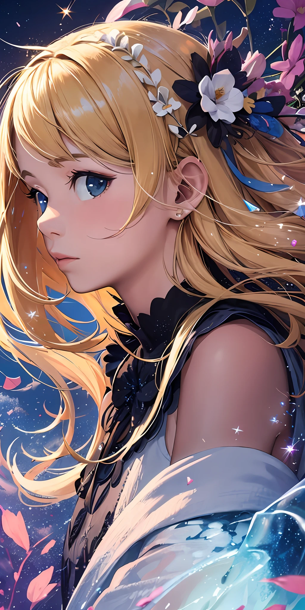 (best quality, masterpiece), 1girl, galaxy, glitter, dress, particle, wind, flower, upper body, dark simple background, looking at viewer, blonde,