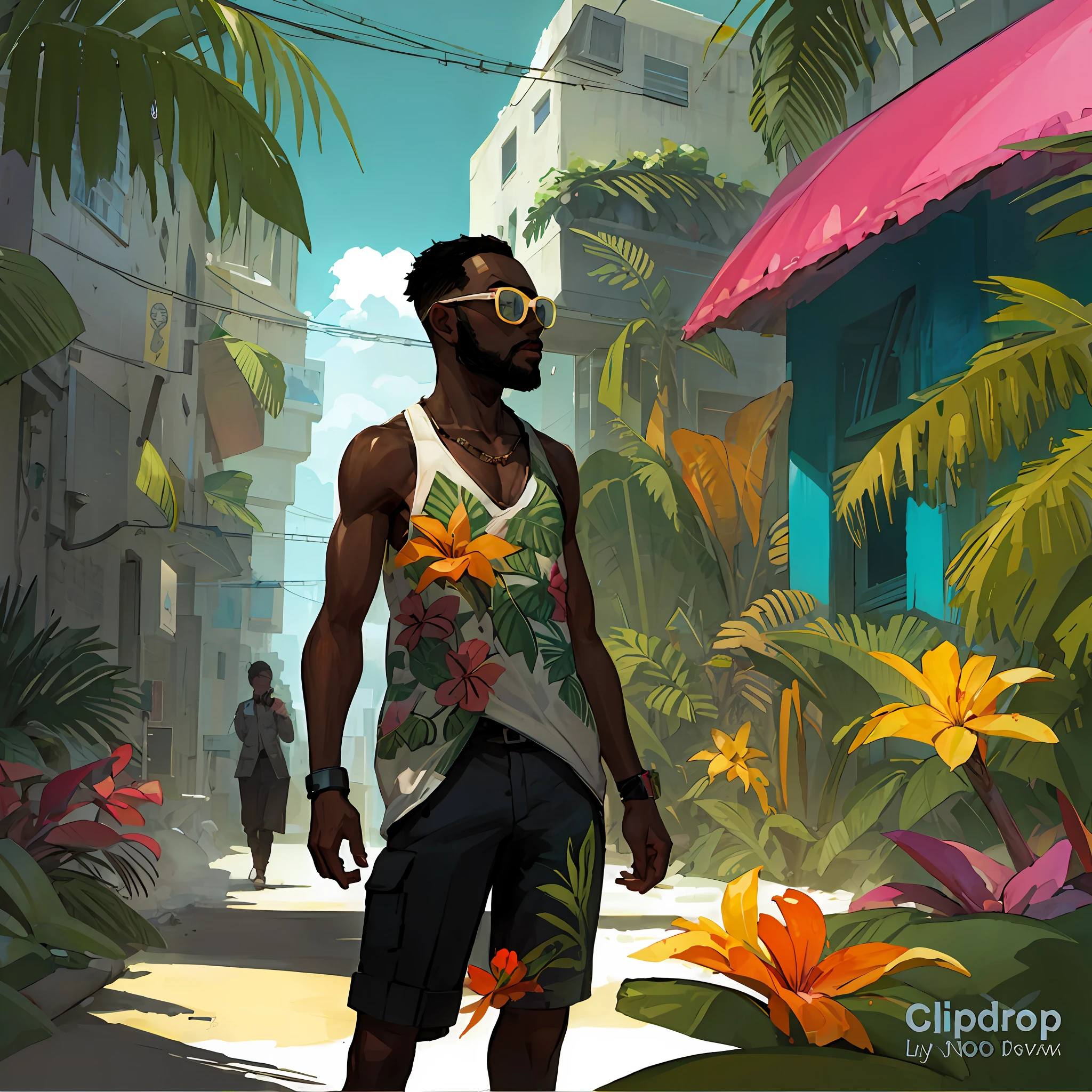 Il y a un homme qui marche dans une rue avec un parapluie rose, Dans une ville tropicale et dystopique, concept art digital illustration, in style of digital illustration, Concept Art de Single Boy, colorful concept art, RossDraw Global Illumination, feuillage luxuriant cyberpunk, Alejandro Burdiso Style Art, Concept Art urbain, stylized digital illustration, Paysage urbain tropical en plein air
