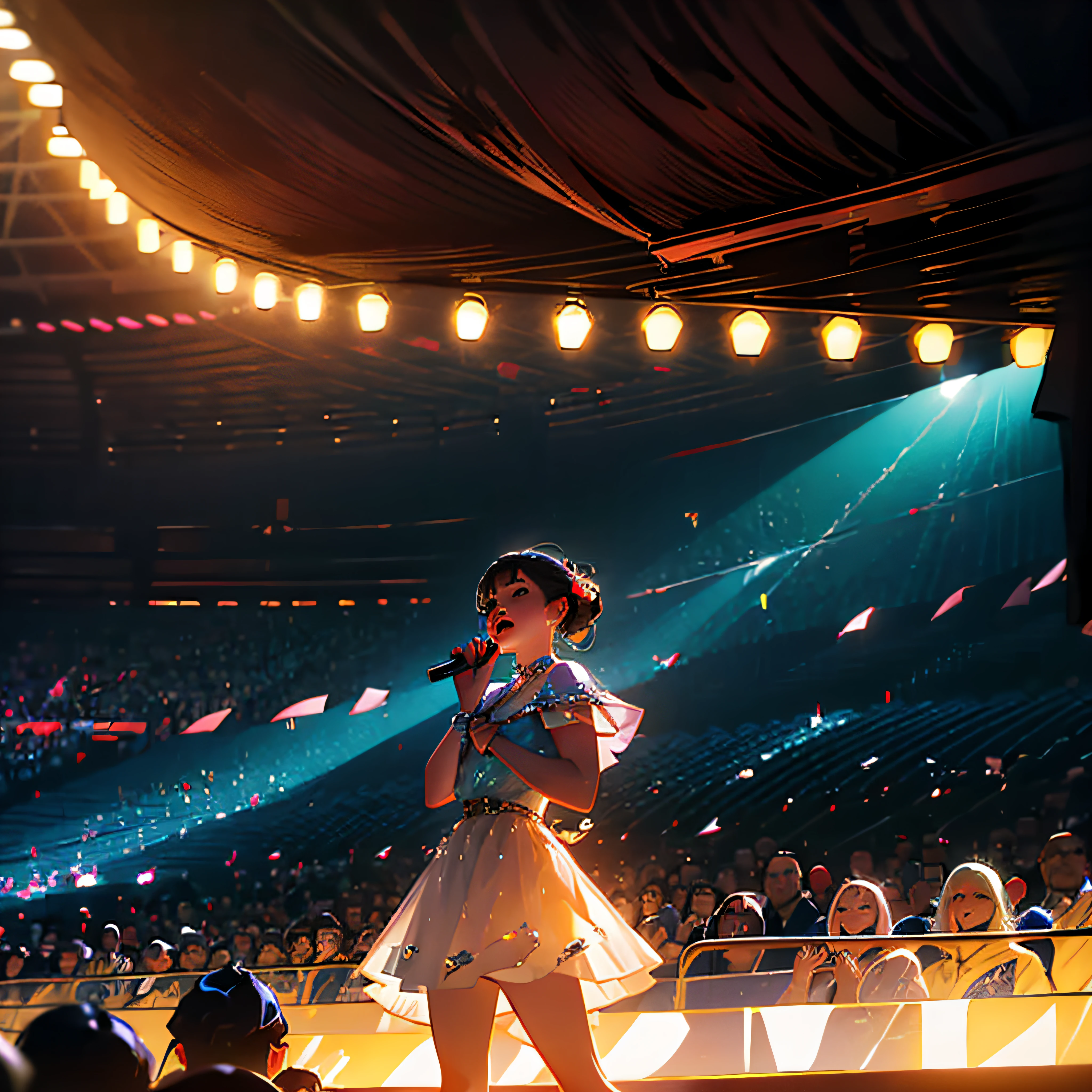 Woman in center singing on stage in a packed stadium, in the center of the stadium, vista de longe, view of the entire audience, Front view --auto
