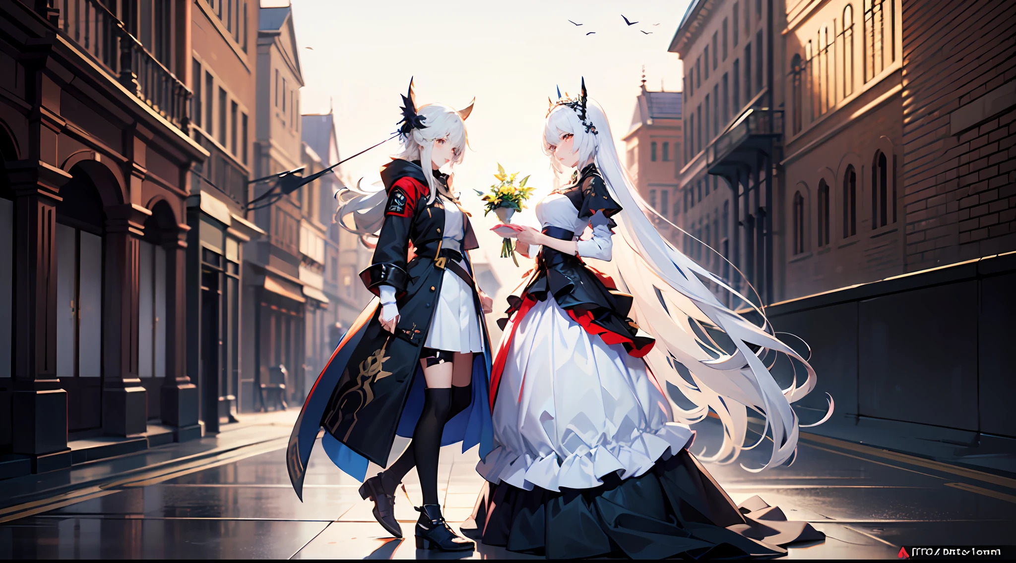 anime couple in white and gold dress standing in front of a building, wlop and sakimichan, queen and ruler of the universe, highly detailed exquisite fanart, from girls frontline, beautiful androgynous prince, Trending on ArtStation pixiv, zerochan art, guweiz on pixiv artstation, from arknights, by Yang J, white haired deity
