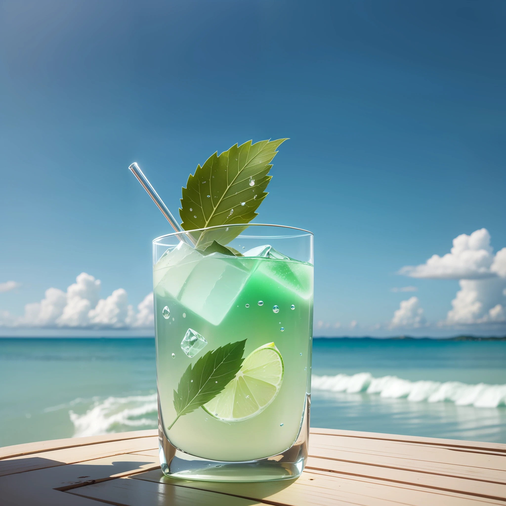 (Photo quality)、((High picture quality))Long cocktail、Square ice and light green transparent sake,Transparent vertical glass。
The glass has water droplets on it、Garnish mint leaves on lime cuts、Straw is stuck、Placed on a hemp coaster、
The location is a beach,Under a clear blue sky,You can see the clouds in the distance.