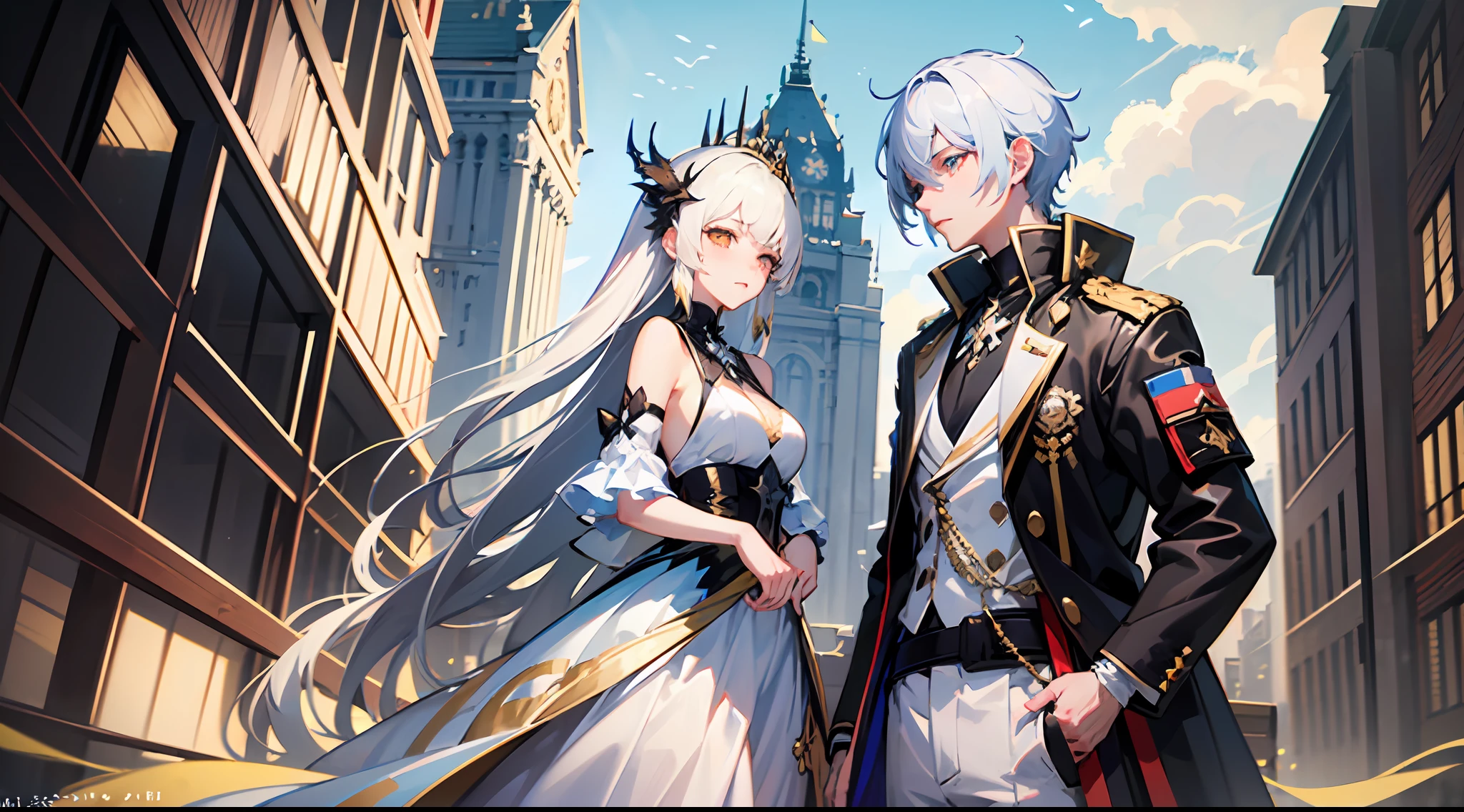 anime couple in white and gold dress standing in front of a building, wlop and sakimichan, queen and ruler of the universe, highly detailed exquisite fanart, from girls frontline, beautiful androgynous prince, Trending on ArtStation pixiv, zerochan art, guweiz on pixiv artstation, from arknights, by Yang J, white haired deity
