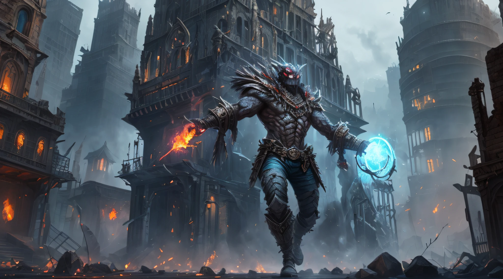 (Very detailed 8k wallpapers),A medium shot of a terrifying necromancer,intricated,high-details,Dramatic,The forgotten war,city ruins。