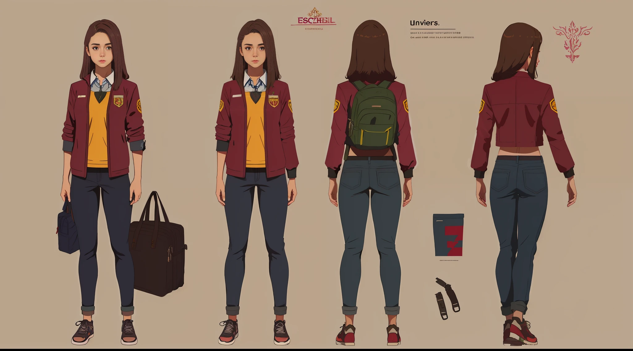 Menina, cabelo vermelho comprido, corpo de adolescente, uniforme escolar, concept art