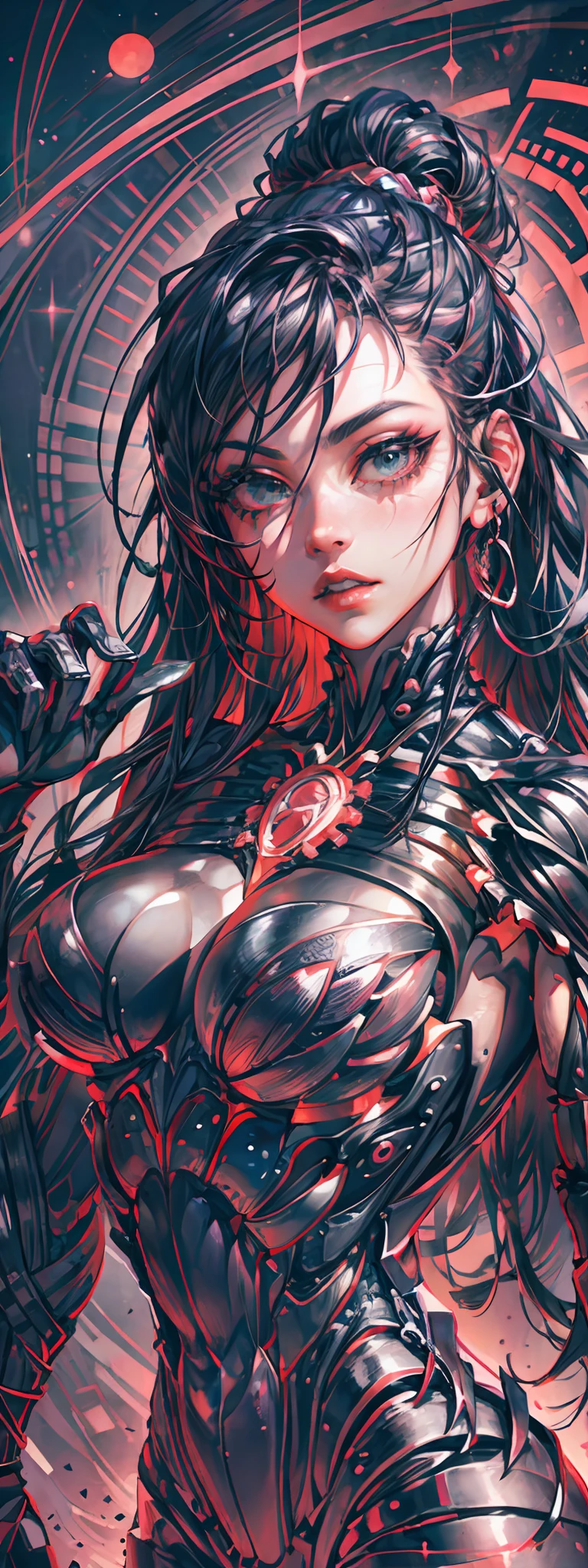 photorealistic, official art, unity 8k wallpaper, ultra detailed, beautiful and aesthetic, masterpiece, best quality, ((zentangle, mandala, tangle, entangle)), (trippy color light:1.3), ecstasy of color, 1girl, waist up, extremely detailed, dynamic pose, the most beautiful form of chaos, elegant, a brutalist designed, vivid colours, romanticism, deep shadow