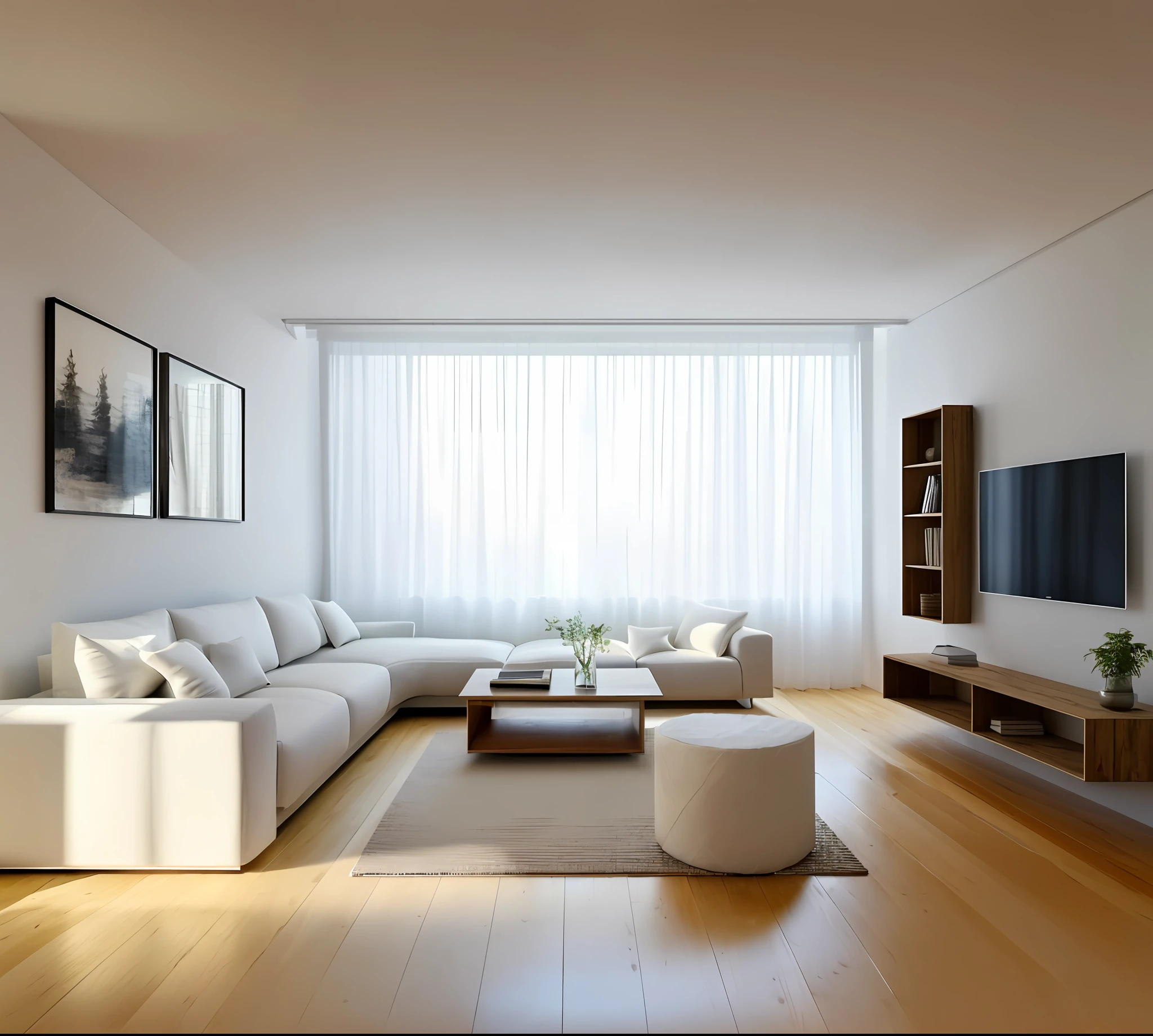 (masterpiece),(high quality), best quality, real,(realistic), super detailed, (full detail),(4k),8k, indoors, living room, white linen sofa, (minimal style:1.2), scenery, television opposite the sofa, double curtain layers, day, light wood floor, natural light