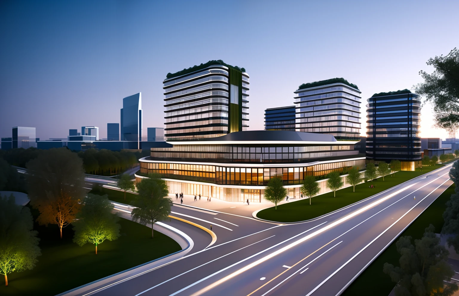 masterpiece, best quality,(Future technology city:1.1),fantastic sense of light,river, Dense city, super high-rise buildings,high resolution,hyper quality,full details.bird 's-eye view, The complex features pedestrian streets and exquisite shops, with modern architectural facades creating a sleek and sophisticated environment. at the dawn atmosphere with Gorgeous City Light Show,The use of three-dimensional corridors and glass curtain wall towers adds to the overall futuristic feel of the scene, while realistic lighting and three-dimensional greenery create a sense of depth and vibrancy. The street planting is exquisitely detailed, adding a touch of natural beauty to the urban space. Rendered in high definition quality using 3D rendering software, the image is a breathtaking piece of urban design, strong contrast of light and shadow, Extreme material details, 4K,8K, high quality, shaped curves, curved buildings, strong glass reflections, shimmering, (SOM:1.1), (Zaha:1.2), interior building lights coming through in the shadows, clear architectural structures