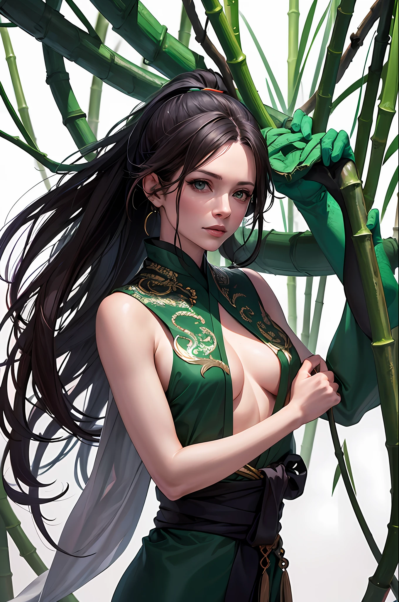 Evangeline Lilly, (yukata without sleeves), ((arms are made of sculpted jade)), ponytail, (green arms), (dragon tattoo), ((1girl)) , (masterpiece) (hyperdetailed) one person, bamboo forest background