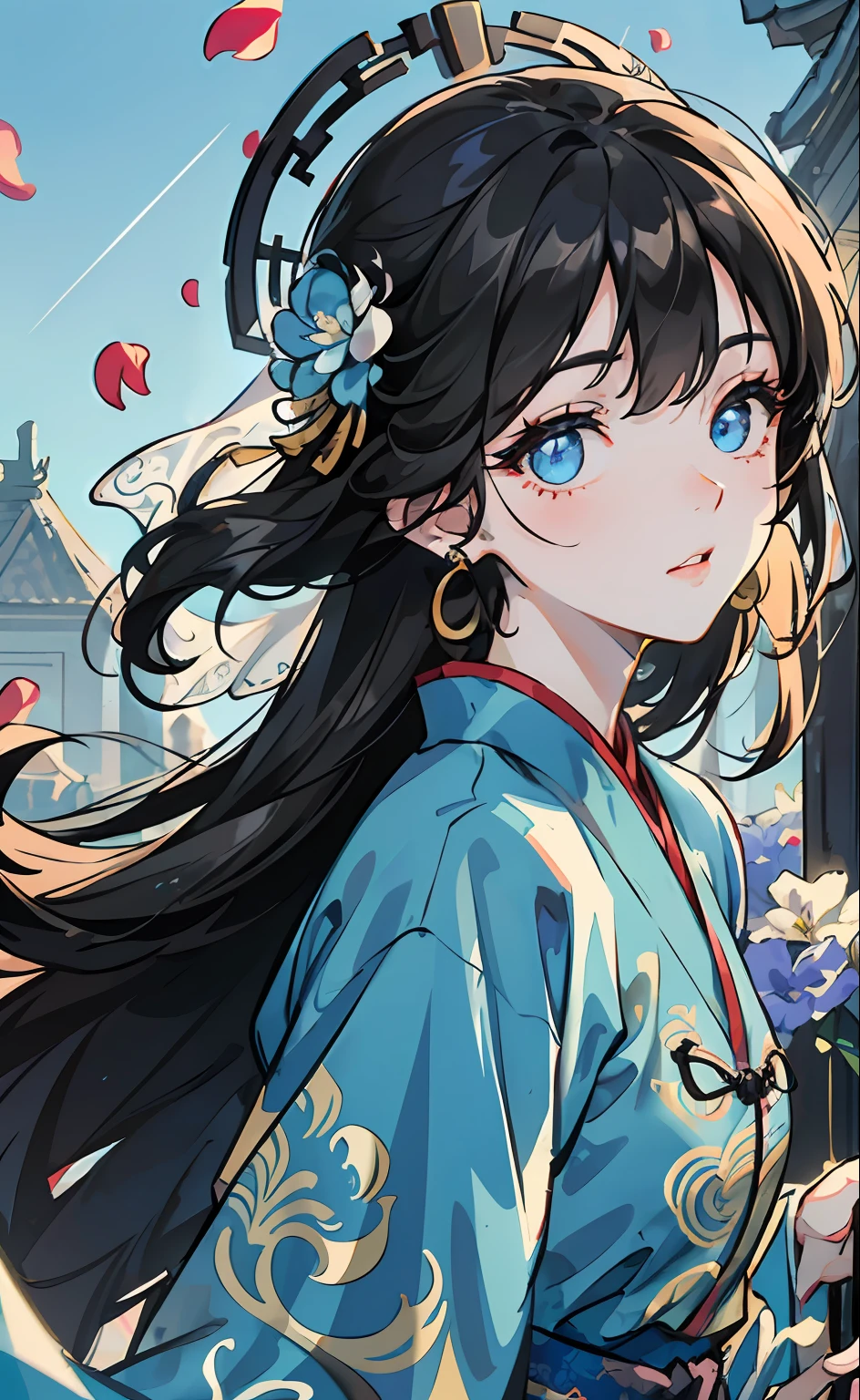 Mature girl, blue eyes, black hair, floating hair, fair skin, cute, delicate and flexible eyes, intricate peacock-themed damask Hanfu, gorgeous accessories, FOV, f/1.8, masterpiece, ancient Chinese architecture, blue sky, flower petals flying, front portrait lens, side lighting, sunlight on people, 8K mouth veil,