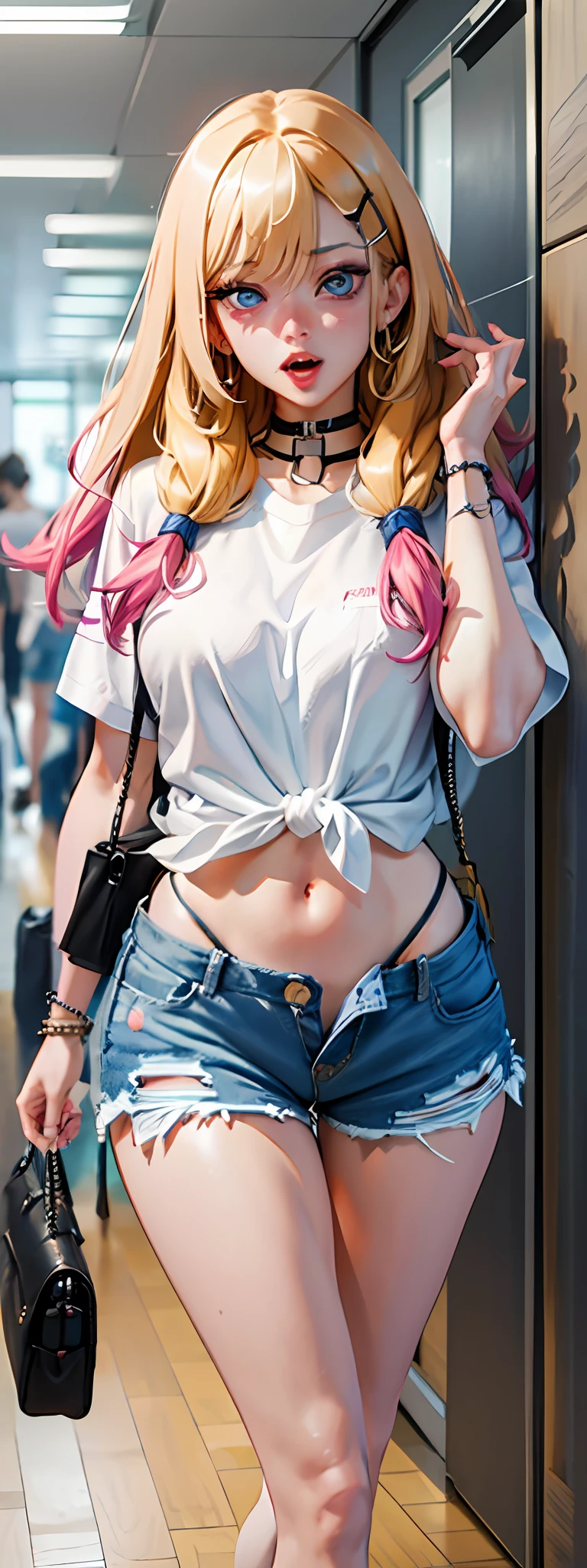 best quality,ultra-detailed,high resolution,extremely detailed cg,anime picture,unity 8k wallpaper,
blond hair,blue eyes,long hair,ripped shorts,white shirt,purse,navel,looking at viewer,hair ornament,pov doorway,open mouth,denim,x hair ornament,cyberpunk,