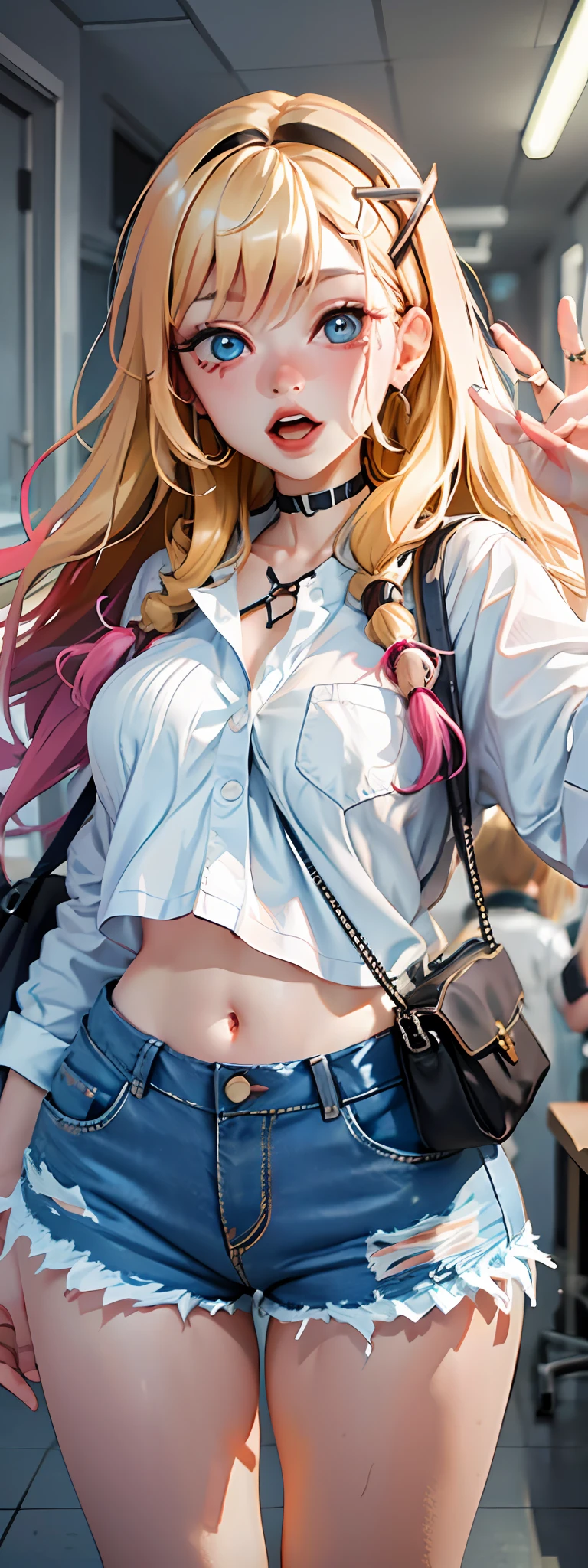 best quality,ultra-detailed,high resolution,extremely detailed cg,anime picture,unity 8k wallpaper,
blond hair,blue eyes,long hair,ripped shorts,white shirt,purse,navel,looking at viewer,hair ornament,pov doorway,open mouth,denim,x hair ornament,cyberpunk,