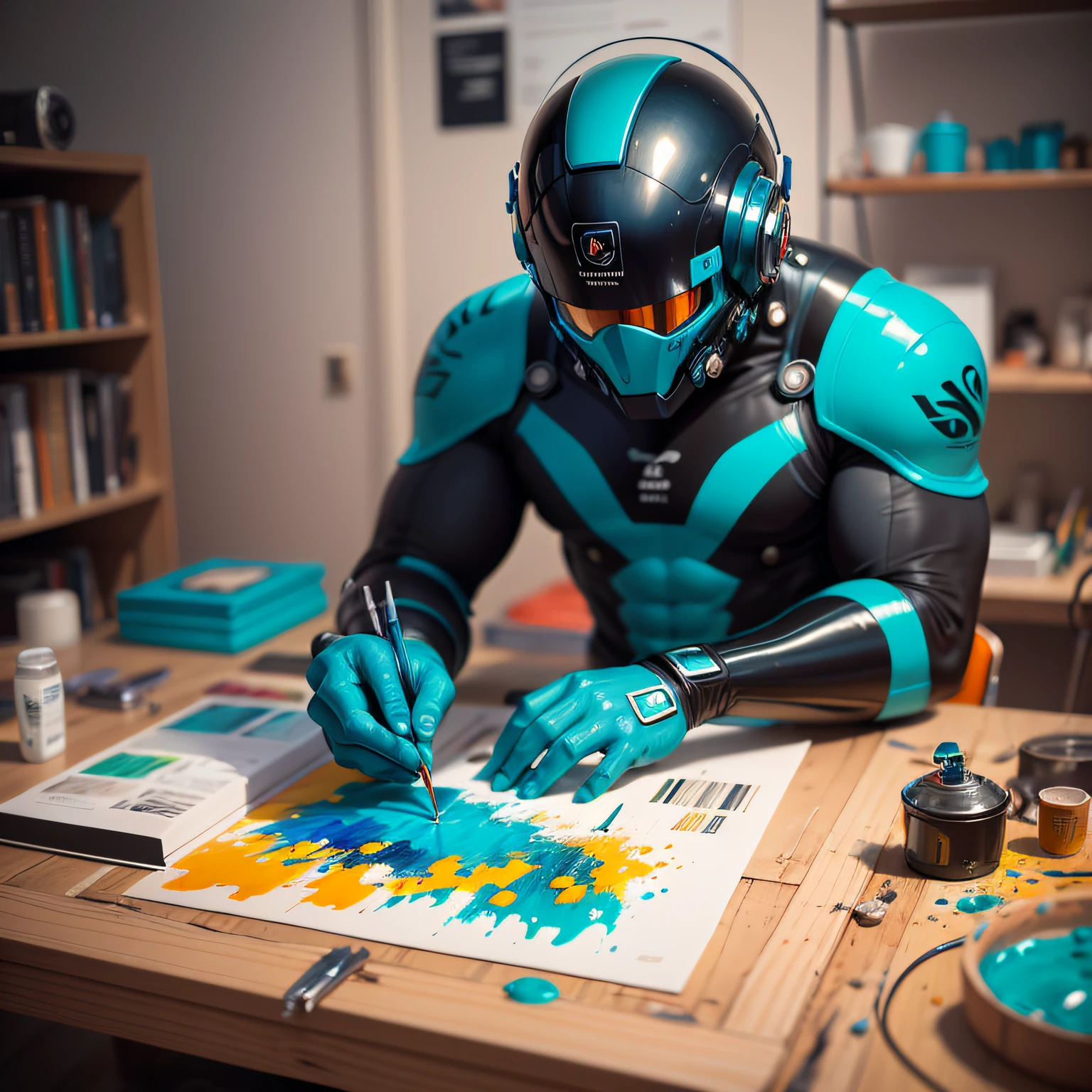 homem futurista, detalhado, realista, 4k, configurando um cerebro, fundo desfocado, empenhado, obra prima de grande pintor, oild painting,  mesa de mecanico,  roupas nas cores, oil painting, respingos de tinta, , colors teal, colors orange,