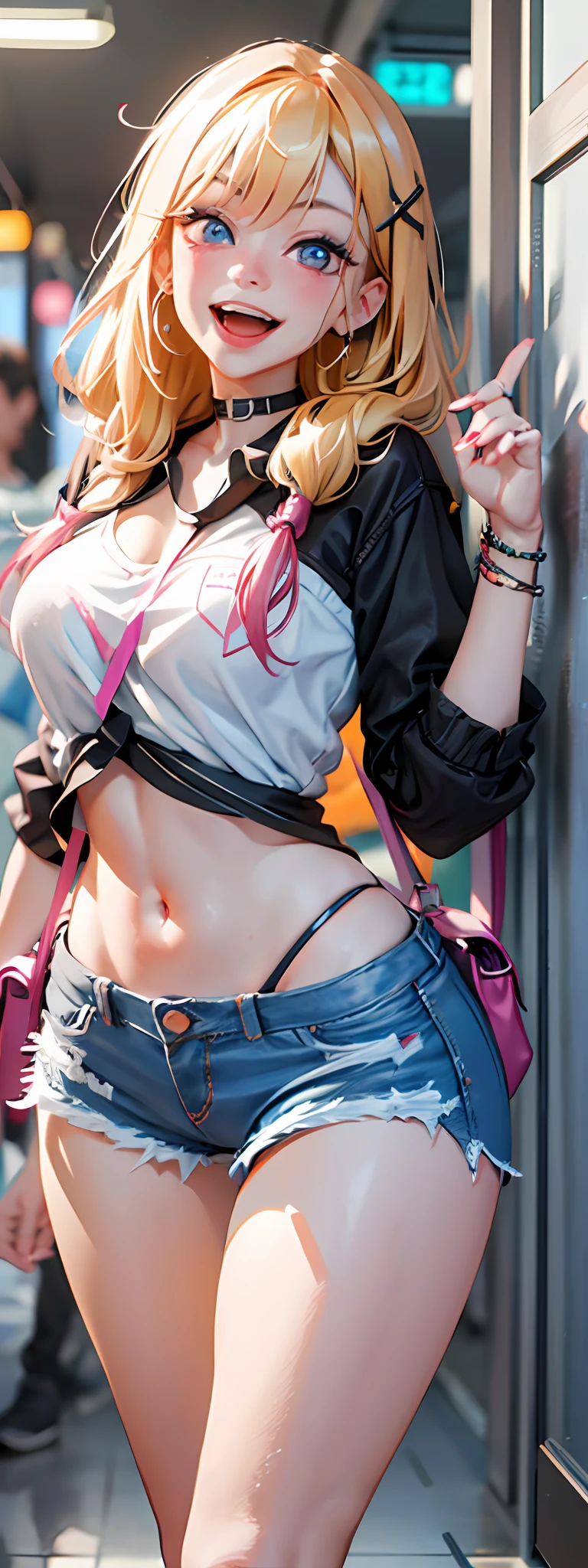 best quality,ultra-detailed,high resolution,extremely detailed cg,anime picture,unity 8k wallpaper,
blond hair,blue eyes,long hair,ripped shorts,white shirt,purse,navel,looking at viewer,hair ornament,smile,pov doorway,open mouth,denim,x hair ornament,cyberpunk,