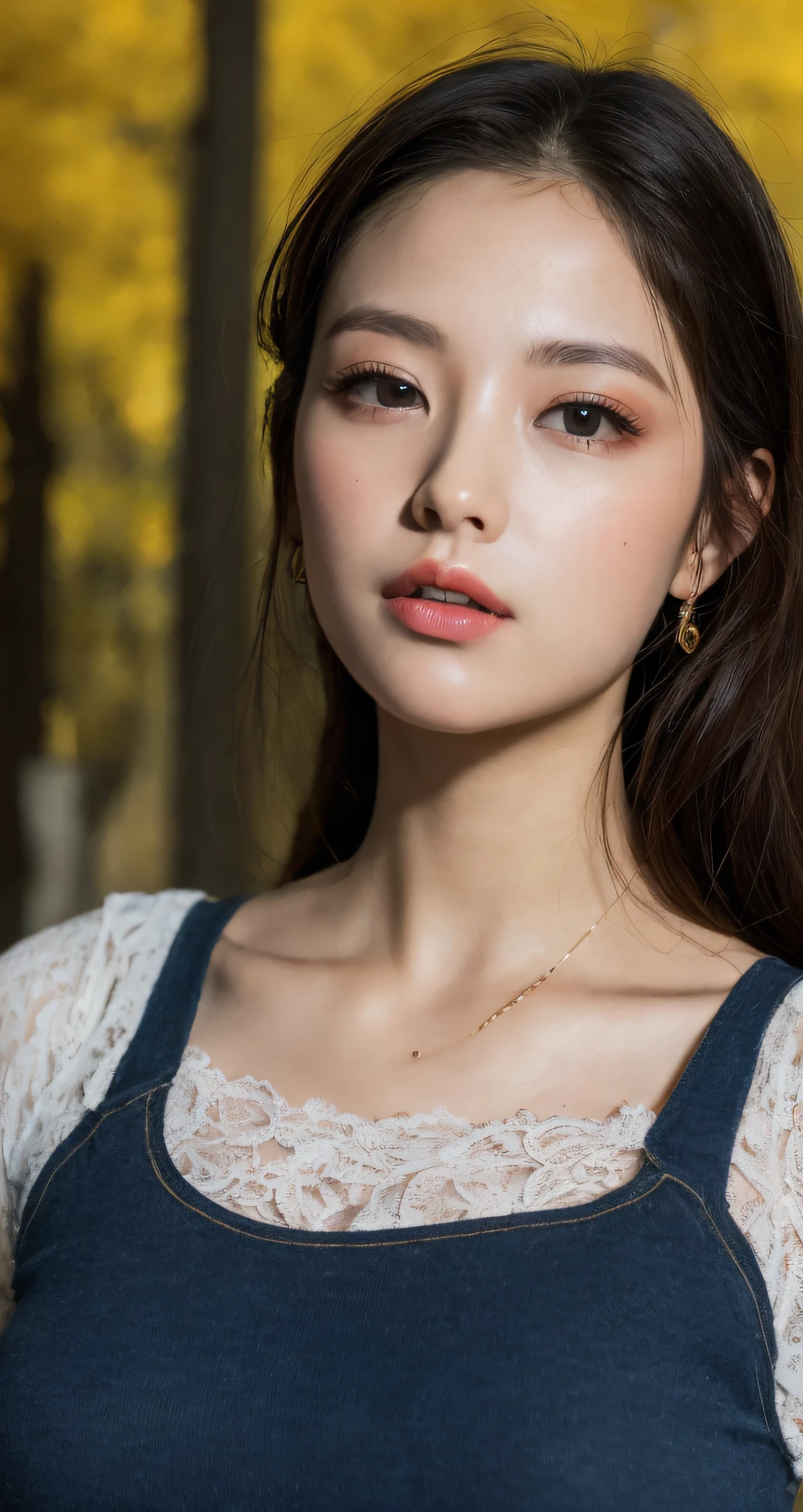8-headed beauty with F cup bust, body trained by dancing, Brown curly hair up, (8k, RAW Photo, Best Quality, Masterpiece: 1.2), (Realistic, Photo Real: 1.37), Professional Lighting, Photon Mapping,Park, White Autumn Wear