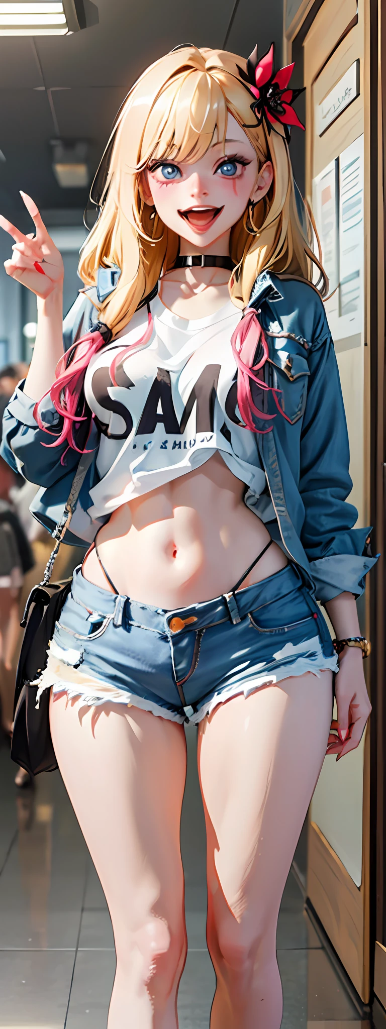 best quality,ultra-detailed,high resolution,extremely detailed cg,anime picture,unity 8k wallpaper,
blond hair,blue eyes,long hair,ripped shorts,white shirt,purse,navel,looking at viewer,hair ornament,smile,pov doorway,open mouth,denim,x hair ornament,cyberpunk,