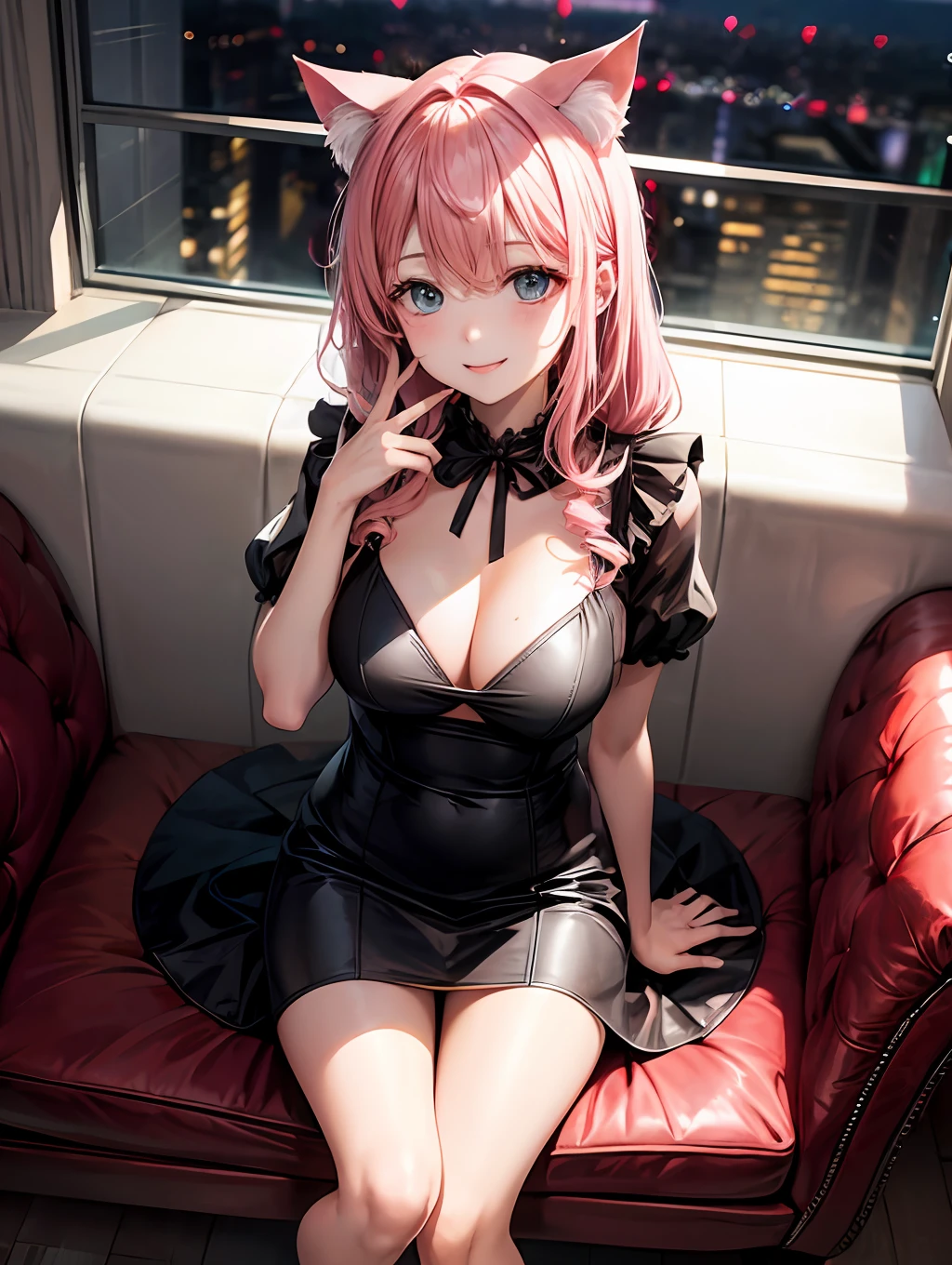 最好质量、One girl、fair complexion、Pink hair、Longhaire、Inner curl:1.1、Cat's ears:1.3、Black dress、mini-skirts:1.4、Open chest、big tit:1.3、Constriction、White heels、beauty legs:1.2、a smile、Put your hands on your face、by night、Private、Sit on a leather sofa、View here、Angle from diagonally above、Background blur、No people