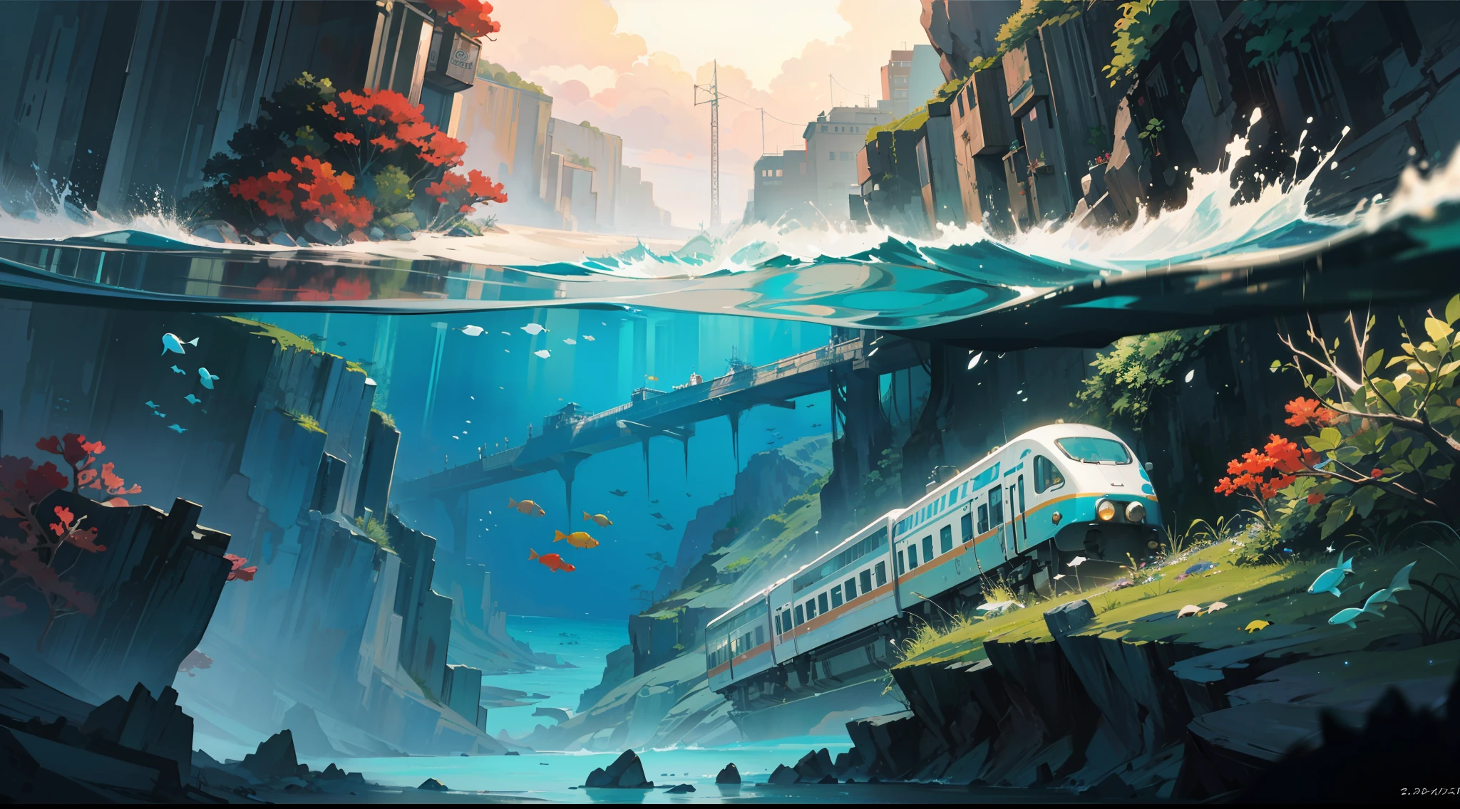 (train, landscape,train under water, in the ocean, surrealism, masterpiece),submerged, bottom of the ocean, fishs, high details, nature, artistic, contrast,shadows, gorgeous, old, cinematic,centralized, high details, BREAK symetric, gorgeous,, perfect, depth, windy, happy, freedom, magicle, impossible, traced lights, corals