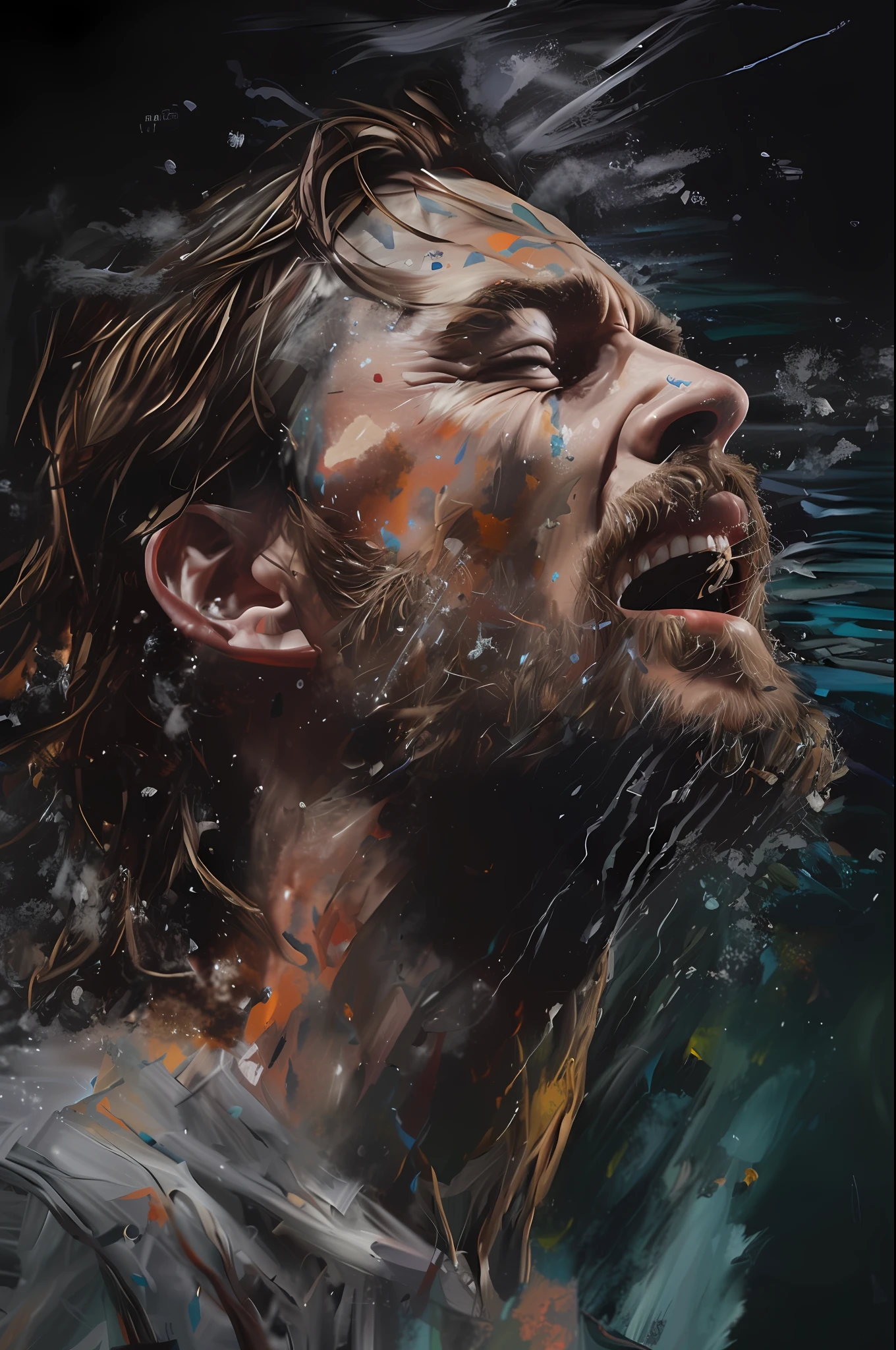 a painting of a man with a beard and a beard in water, hyper real oil painting, intricate and intense oil paint, hyper real oil painting, hyper real acrylic painting, pintura hiper real, incredibly detailed oil painting, uma pintura hiper-realista, incredible painting, Extremely detailed oil painting, an epic painting by an artist, ultrarealism oil painting, pintura ilustrativa realista