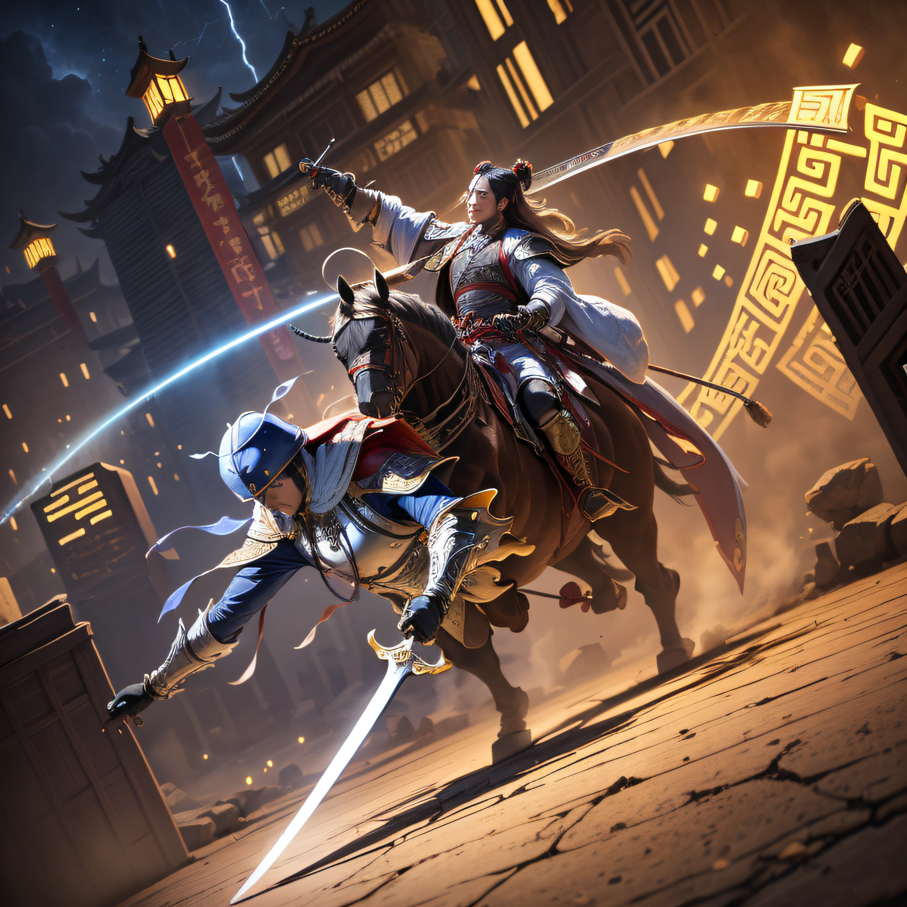 Ancient Chinese architecture，Streets，Night，in the far, three people were jousting with swords，wearing a hanfu，One person was kidnapped，Ancient Chinese architecture，Ultra-long viewing angle，Sky lightning，On the beam stood a man with a sword in his hand