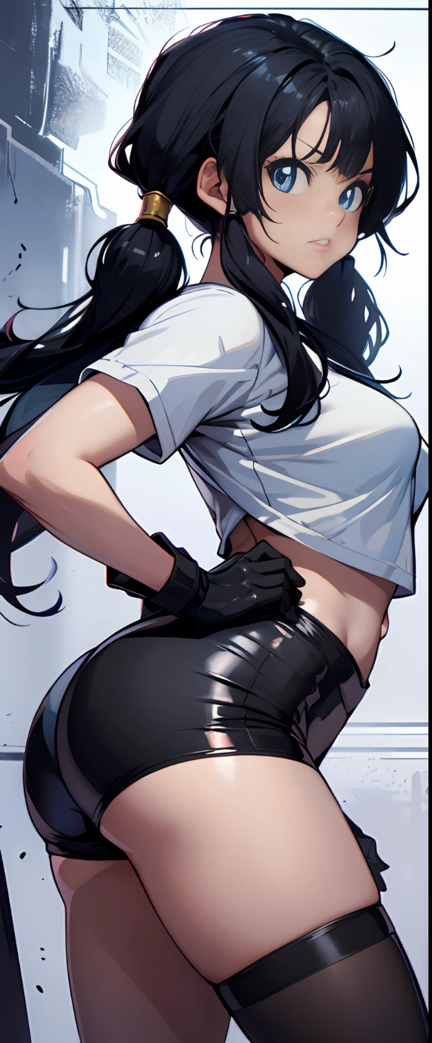 masterpiece, best quality, highres, videl2, solo, blue eyes, black hair, twintails, black gloves, bike_shorts, bangs, white shirt, badge, medium breasts, cowboy shot, frown, hand on hip, leaning forward, pointing at viewer,
