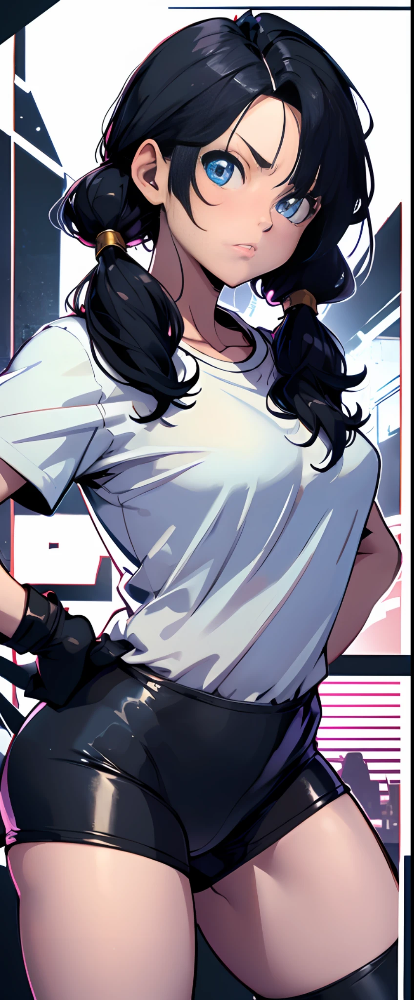 masterpiece, best quality, highres, videl2, solo, blue eyes, black hair, twintails, black gloves, bike_shorts, bangs, white shirt, badge, medium breasts, cowboy shot, frown, hand on hip, leaning forward, pointing at viewer,