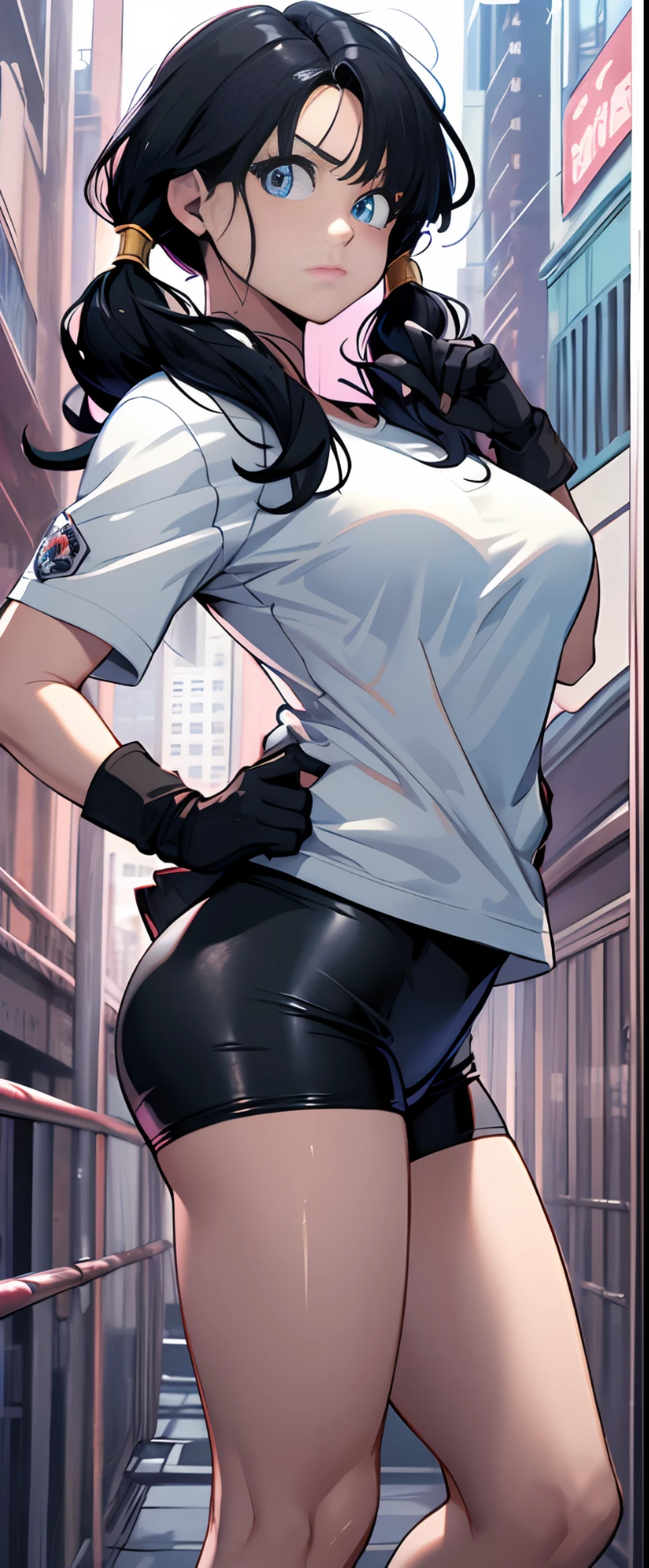 masterpiece, best quality, highres, videl2, solo, blue eyes, black hair, twintails, black gloves, bike_shorts, bangs, white shirt, badge, medium breasts, cowboy shot, frown, hand on hip, leaning forward, pointing at viewer,
