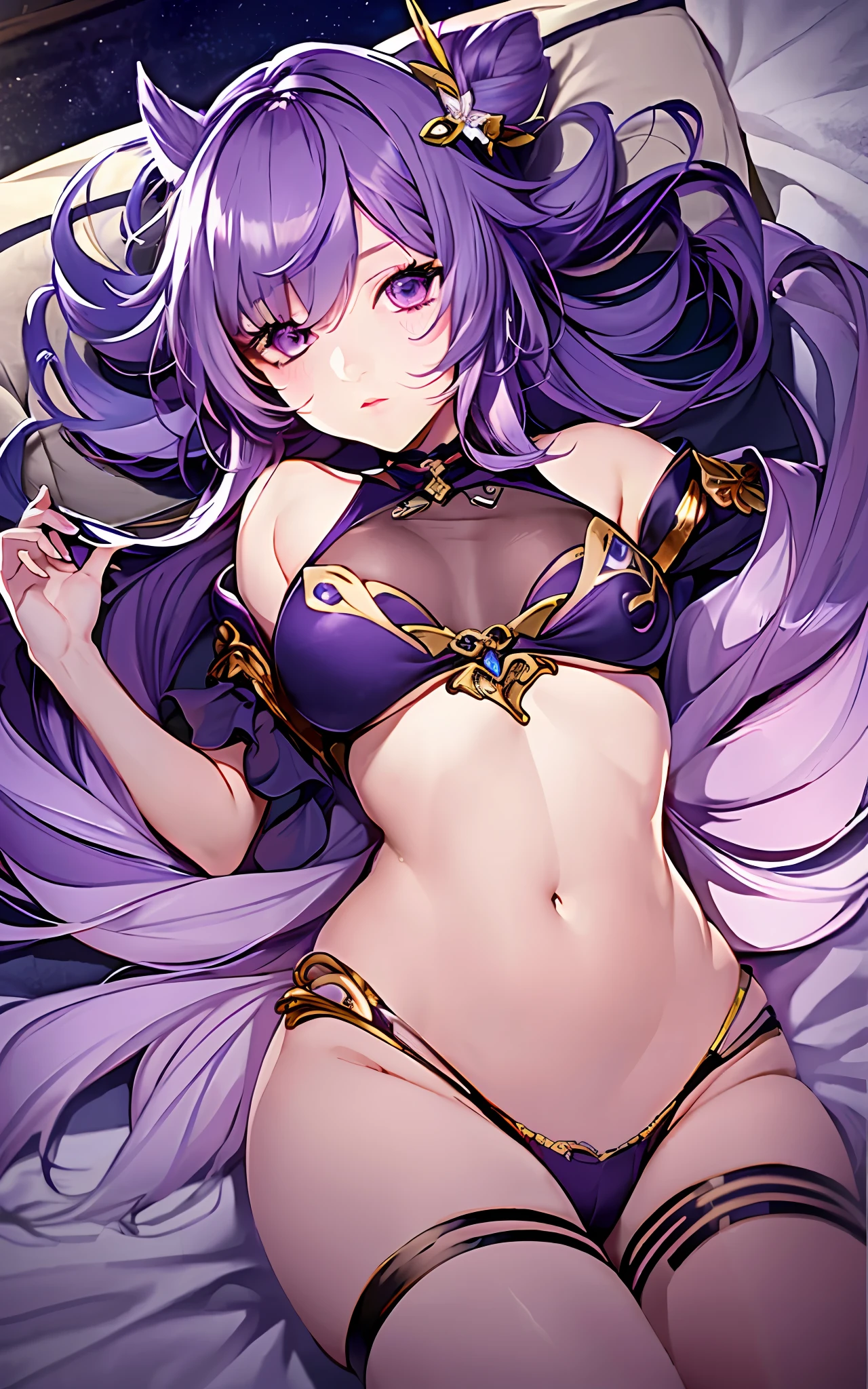 ((masterpiece:1.4, best quality)), purple hair, night,bedroom, laying on bed, 1girl, keqing \(genshin impact\), bikini,