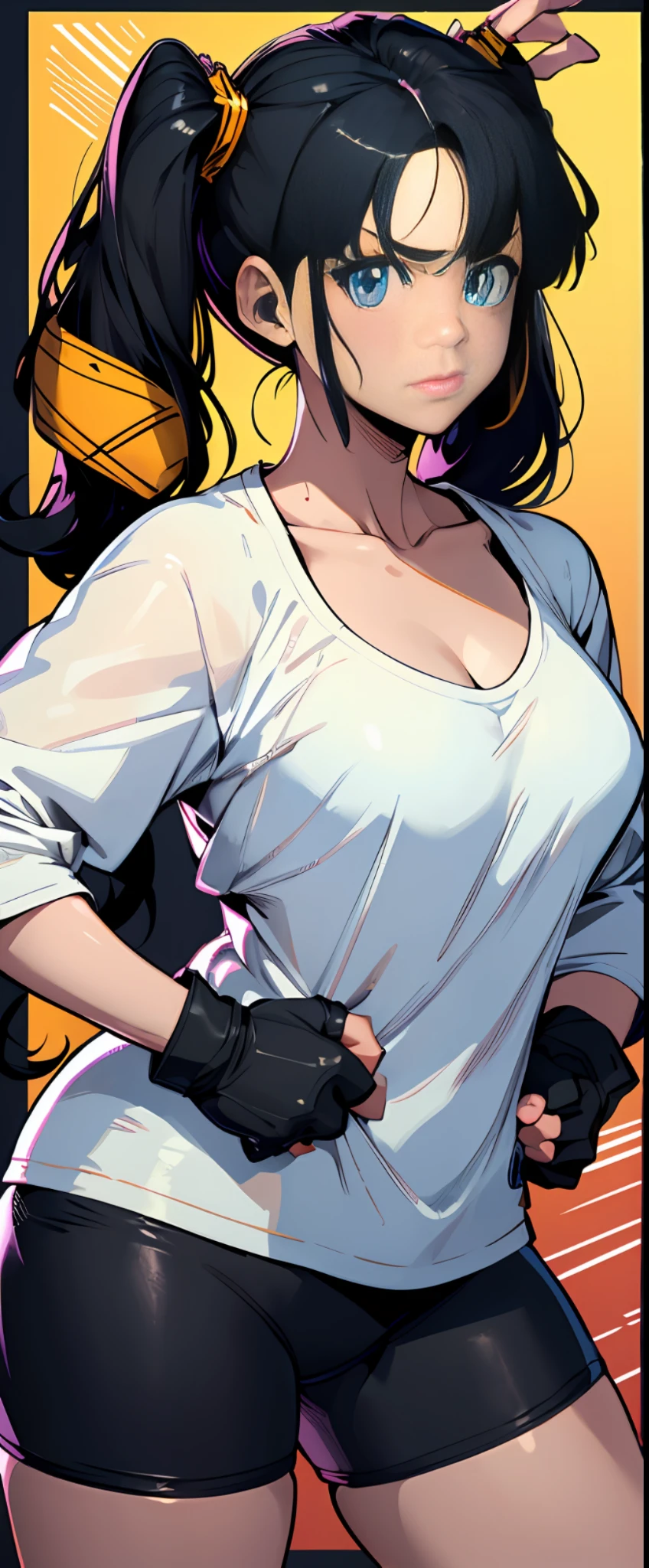 masterpiece, best quality, highres, videl2, solo, blue eyes, black hair, twintails, black gloves, bike_shorts, bangs, white shirt, badge, medium breasts, cowboy shot, frown, hand on hip, leaning forward, pointing at viewer,