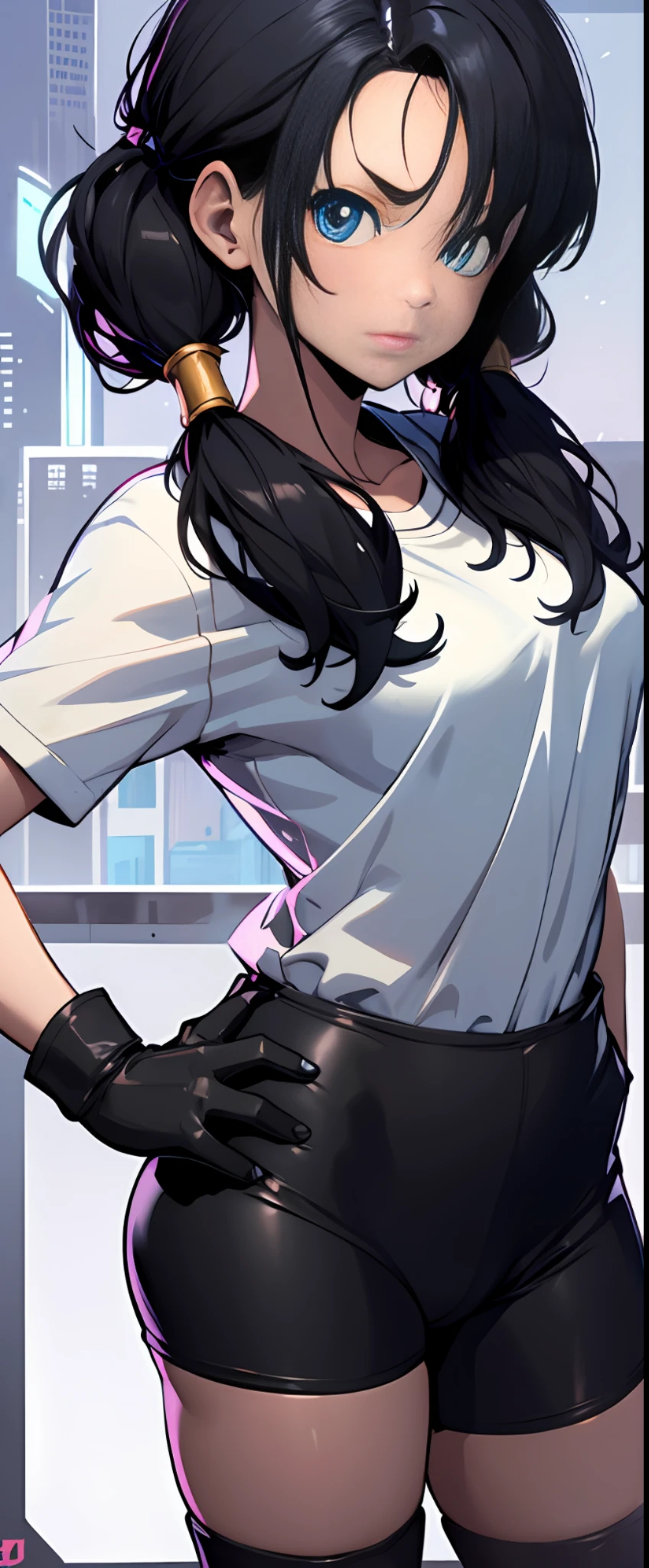 masterpiece, best quality, highres, videl2, solo, blue eyes, black hair, twintails, black gloves, bike_shorts, bangs, white shirt, badge, medium breasts, cowboy shot, frown, hand on hip, leaning forward, pointing at viewer,