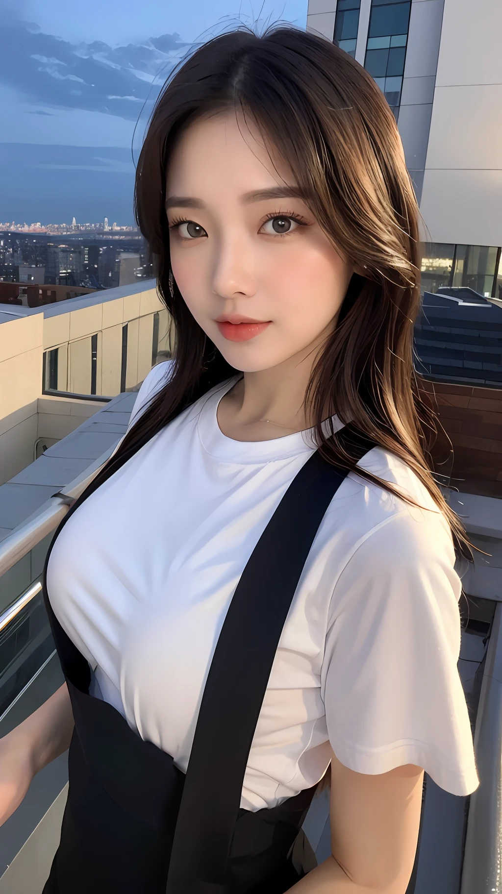 ((Midnight, Best quality, 8k, Masterpiece :1.3)), Whole body, Long legs, Sharp focus :1.2, A pretty woman with perfect figure :1.4, Slender abs :1.1, ((Dark brown hair, Big breasts :1.2)), (White tight tshirt, Jean bib, Standing:1.2), ((Night city view, Rooftop:1.3)), Highly detailed face and skin texture, Detailed eyes, Double eyelid