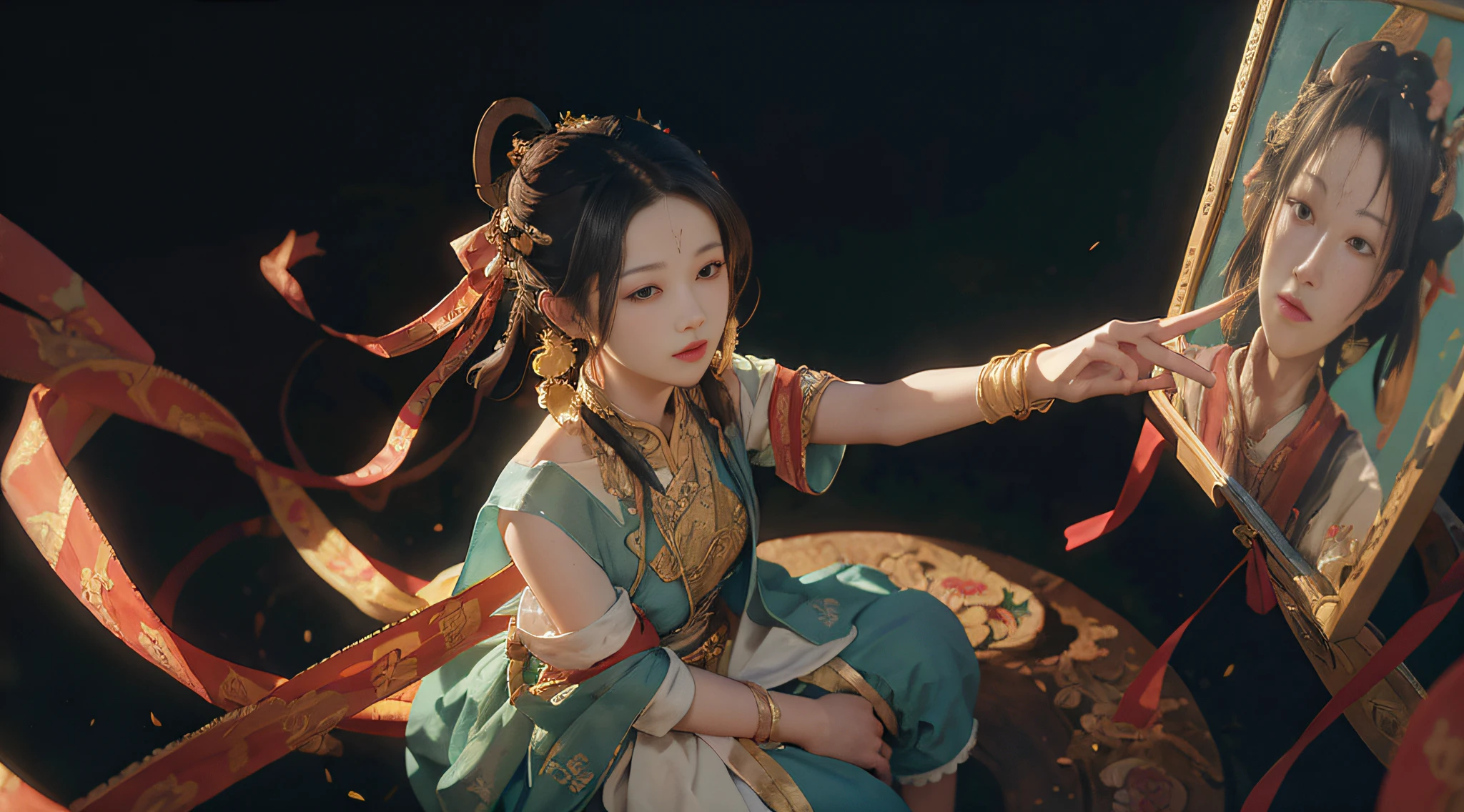 (8K, OriginalPhoto, Best quality, masterpaintings:1.2),1 Girl sitting in front of a Buddha statue,Look at it from above,((Fluttering ribbons,)),(独奏),Flying action,((shadowed)),((Dark photos)),(Dunhuang style),photo realistic,Dim photos,Bodhisattva gestures, filmgrain,cinematiclight,astonishing,