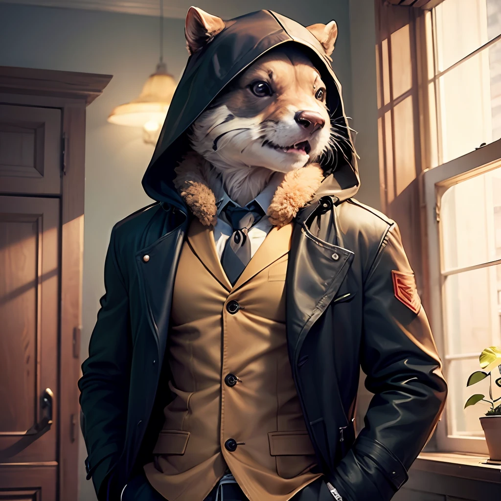 A Beaver in a trenchcoat with a hood on --auto