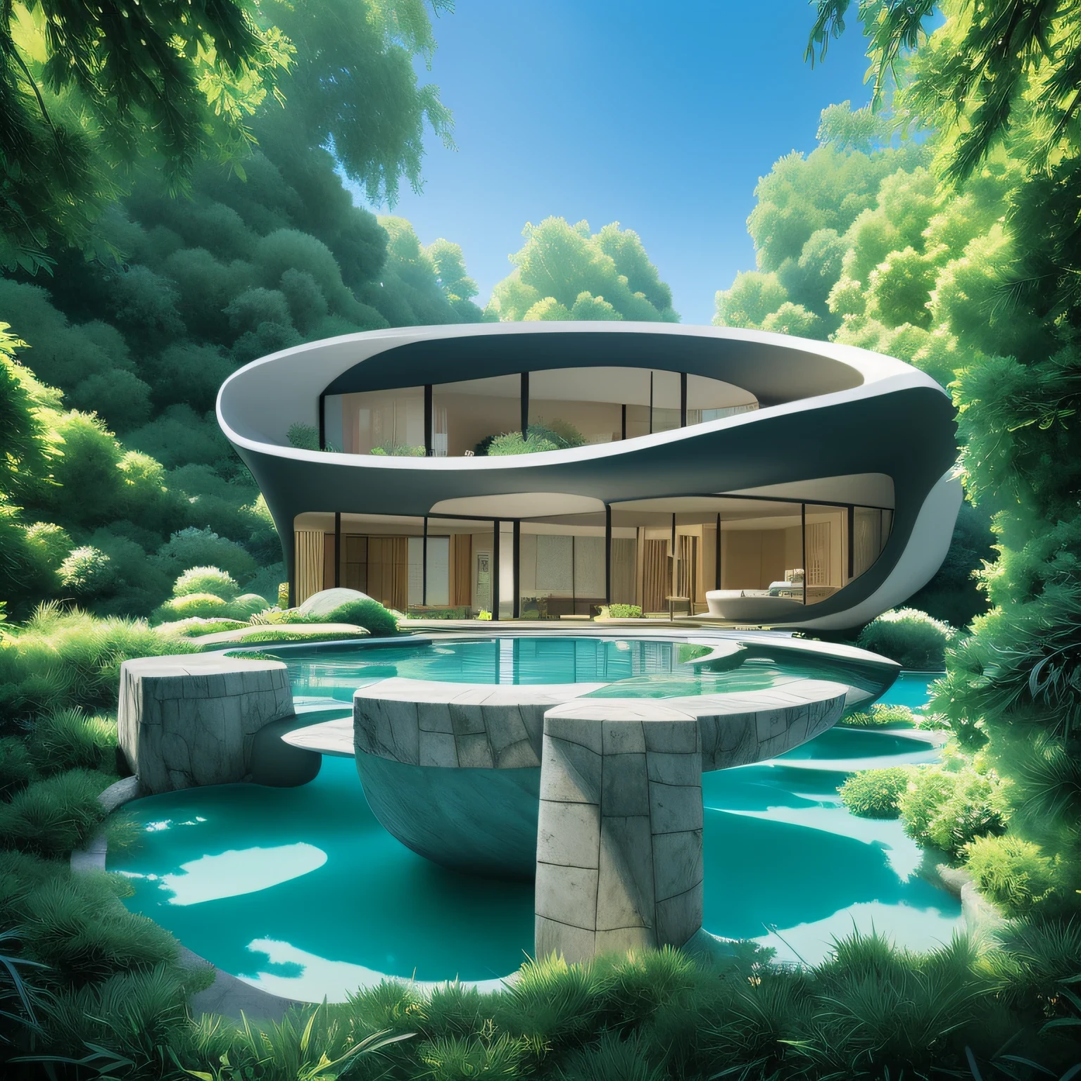 arquitectura de casa design futurista moderno grande penhasco Casa com uma cachoeira artificial e uma piscina no meio, a natureza encontra a arquitetura, Built around the blue ocean, arquitetura de colmeia realista, organic architecture, muito perto da natureza real, breathtaking render, ilha com caverna, arquitetura deslumbrante, arquitetura de luxo, render fantasia realista, por Zha Shibiao, epic and dazzling, architectural visualisation, Epic architecture,  arte conceitual.