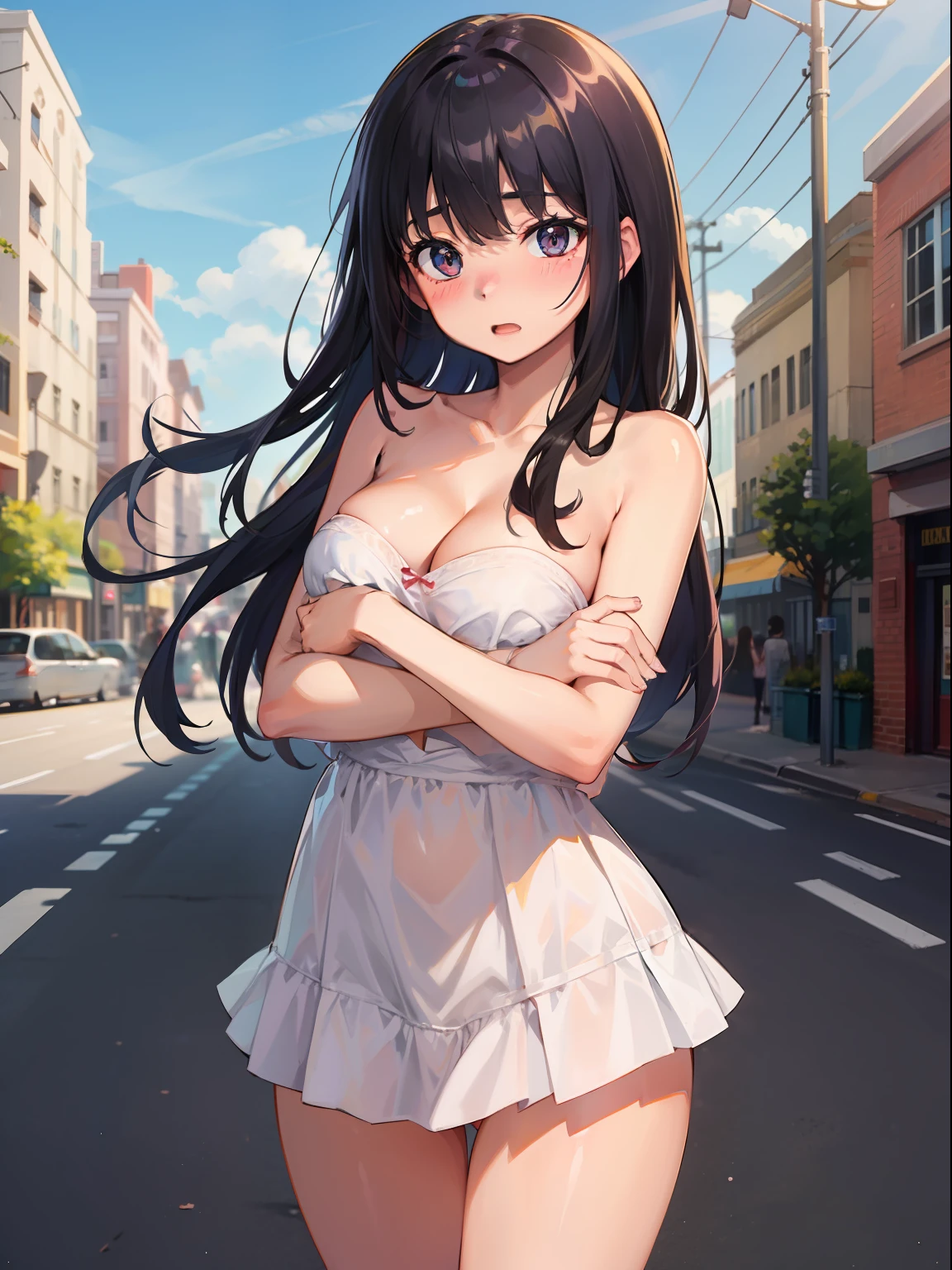 Naked miniskirt、Small、bottom less、Hide your with your hands、a cute、Blushed、cleavage of the breast、thights、no brassiere、without panties、high picture quality、high detailled、high detailled、In the street