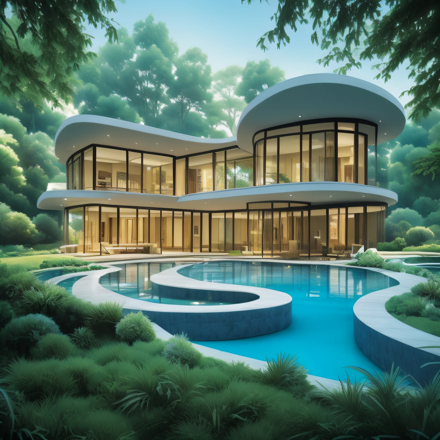 arquitectura de casa design futurista moderno grande penhasco Casa com uma cachoeira artificial e uma piscina no meio, a natureza encontra a arquitetura, Built around the blue ocean, arquitetura de colmeia realista, organic architecture, muito perto da natureza real, breathtaking render, ilha com caverna, arquitetura deslumbrante, arquitetura de luxo, render fantasia realista, por Zha Shibiao, epic and dazzling, architectural visualisation, Epic architecture, arte conceitual.