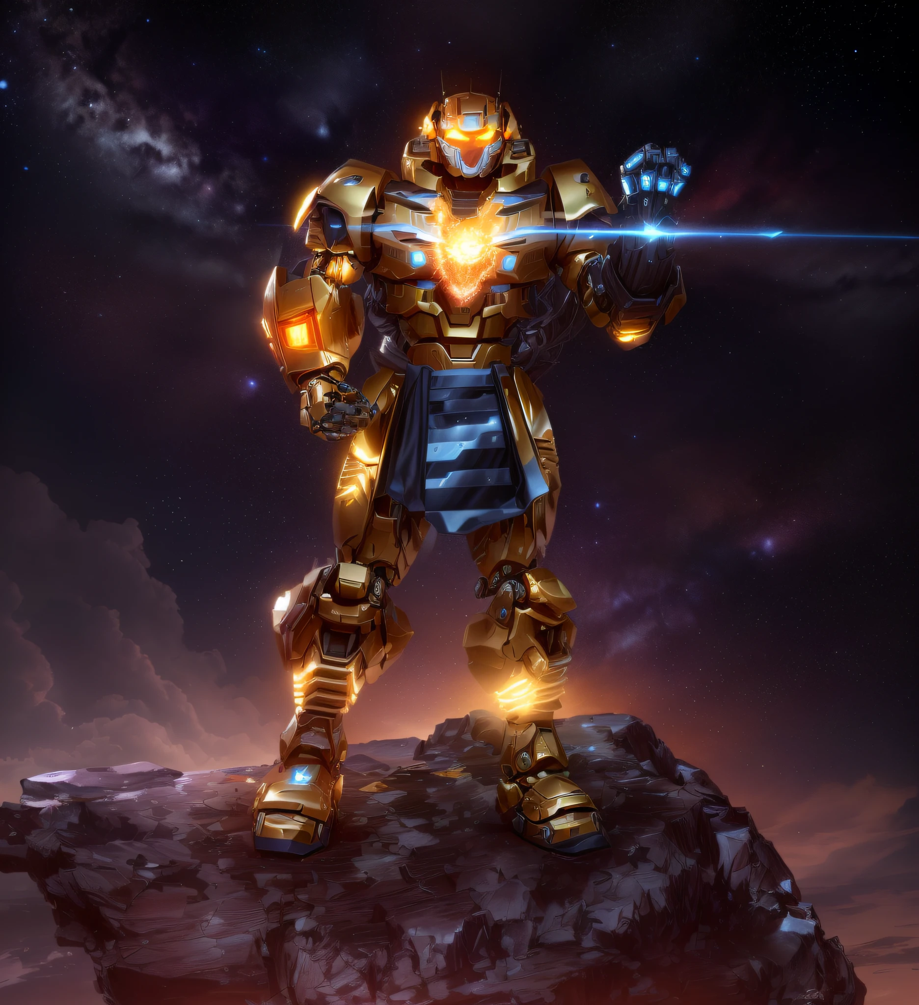 there is a robot that is standing on a rock with a glowing arm, intrincada armadura mecha brilhante, mecha amarelo keetongu bionicle, luzes brilhantes na armadura, the golden humanoid robot, traje espacial brilhante, Ouro Sci - Armadura de Fi:, paladino de ouro, wario as the armored titan, detailed cosmic angelic robot, unreal motor render saint seiya