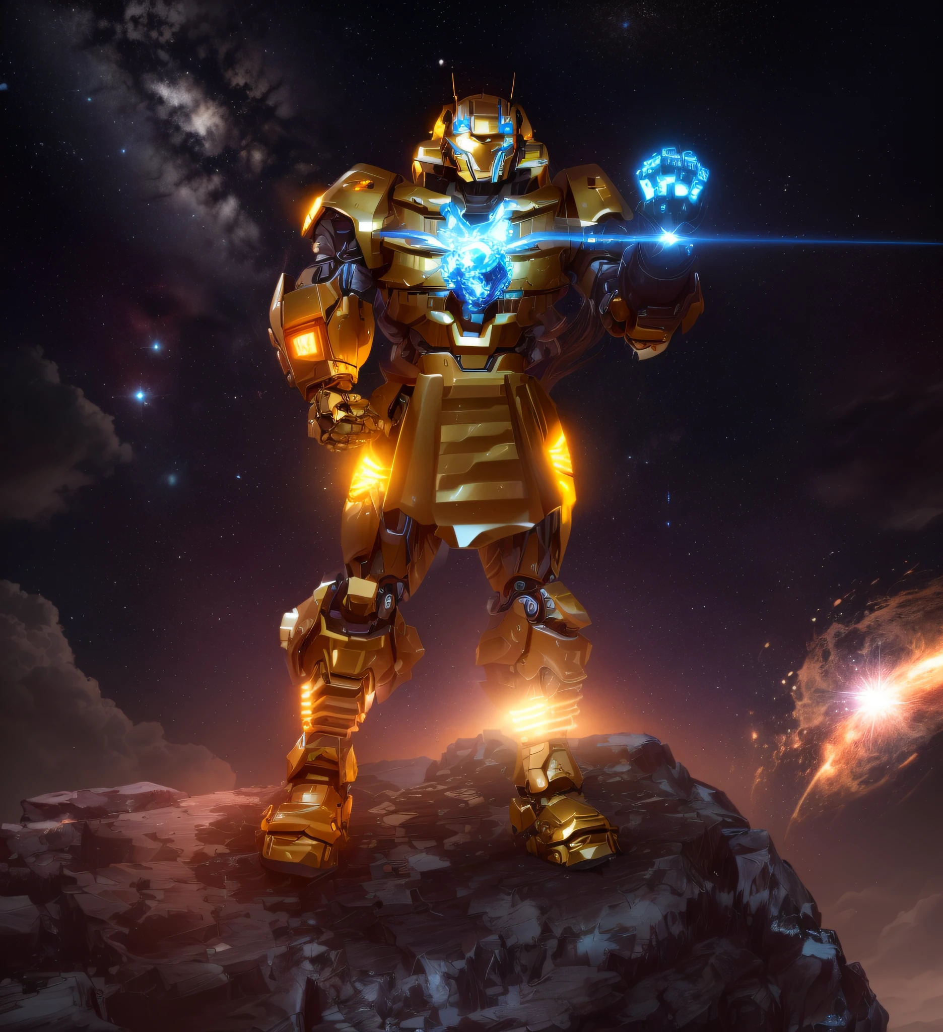 there is a robot that is standing on a rock with a glowing arm, intrincada armadura mecha brilhante, mecha amarelo keetongu bionicle, luzes brilhantes na armadura, the golden humanoid robot, traje espacial brilhante, Ouro Sci - Armadura de Fi:, paladino de ouro, wario as the armored titan, detailed cosmic angelic robot, unreal motor render saint seiya